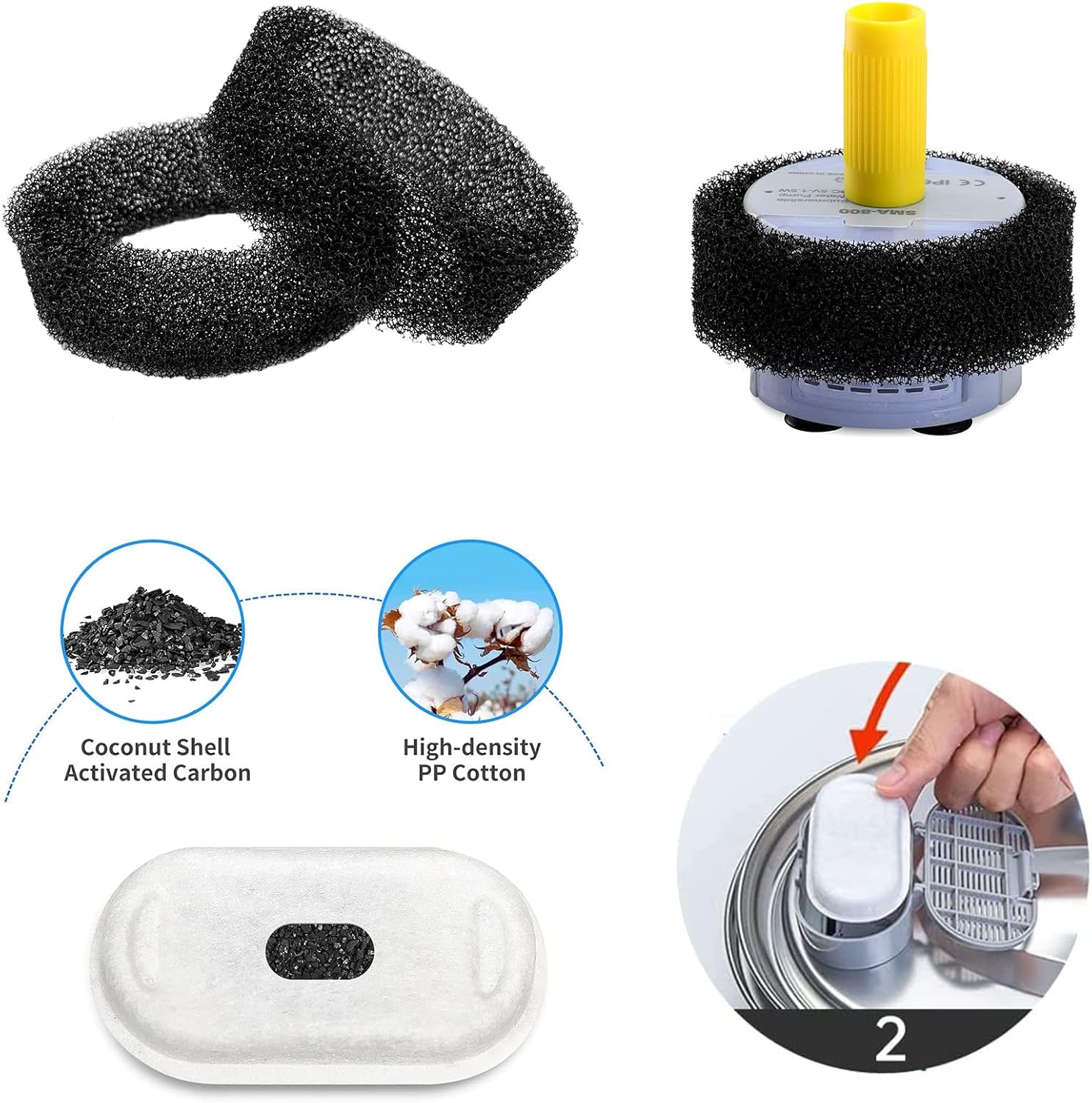 Cat Water Fountain Filters Pet Fountain Filter Replacement Filters Compatible Stainless Steel 2L/67Oz, 3.2L/108Oz Adjustable Water Flow, 8 Cat Fountain Replacement Filters with 8 Pre-Filter Sponges image number 2