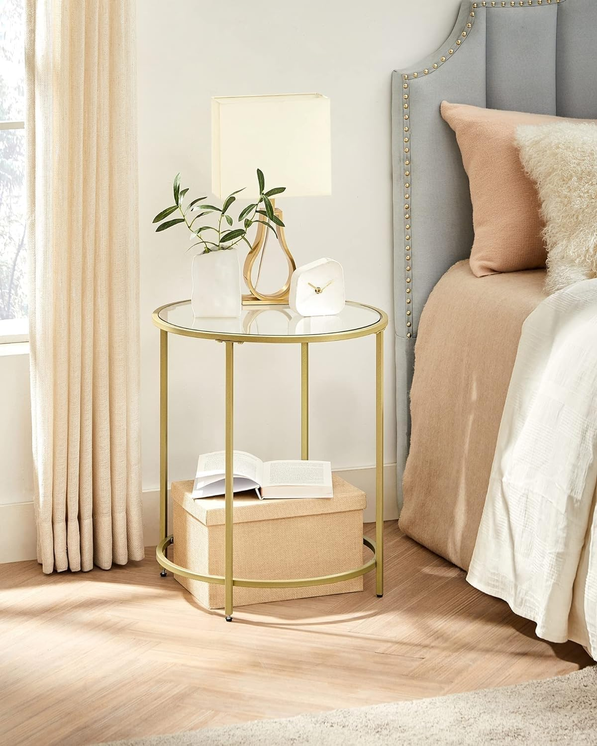 Vasagle round Side Table, Tempered Glass End Table with Golden Metal Frame, Small Coffee Table, Bedside Table, Living Room, Balcony, Robust and Stable, Decorative, Gold image number 5