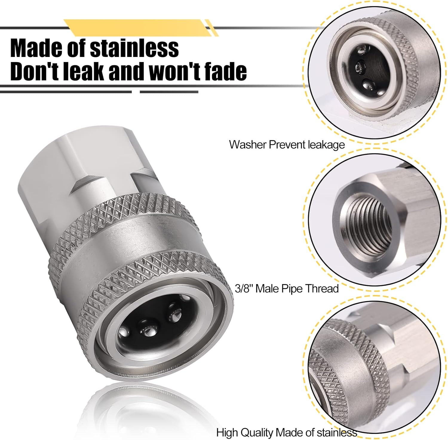 4Pcs Pressure Washer Coupler, NPT 3/8Inch Pressure Washer Fittings Stainless Steel Male and Female Quick Connector Fittings 3/8 Pressure Washer Adapter (Internal Thread, External Thread) image number 4