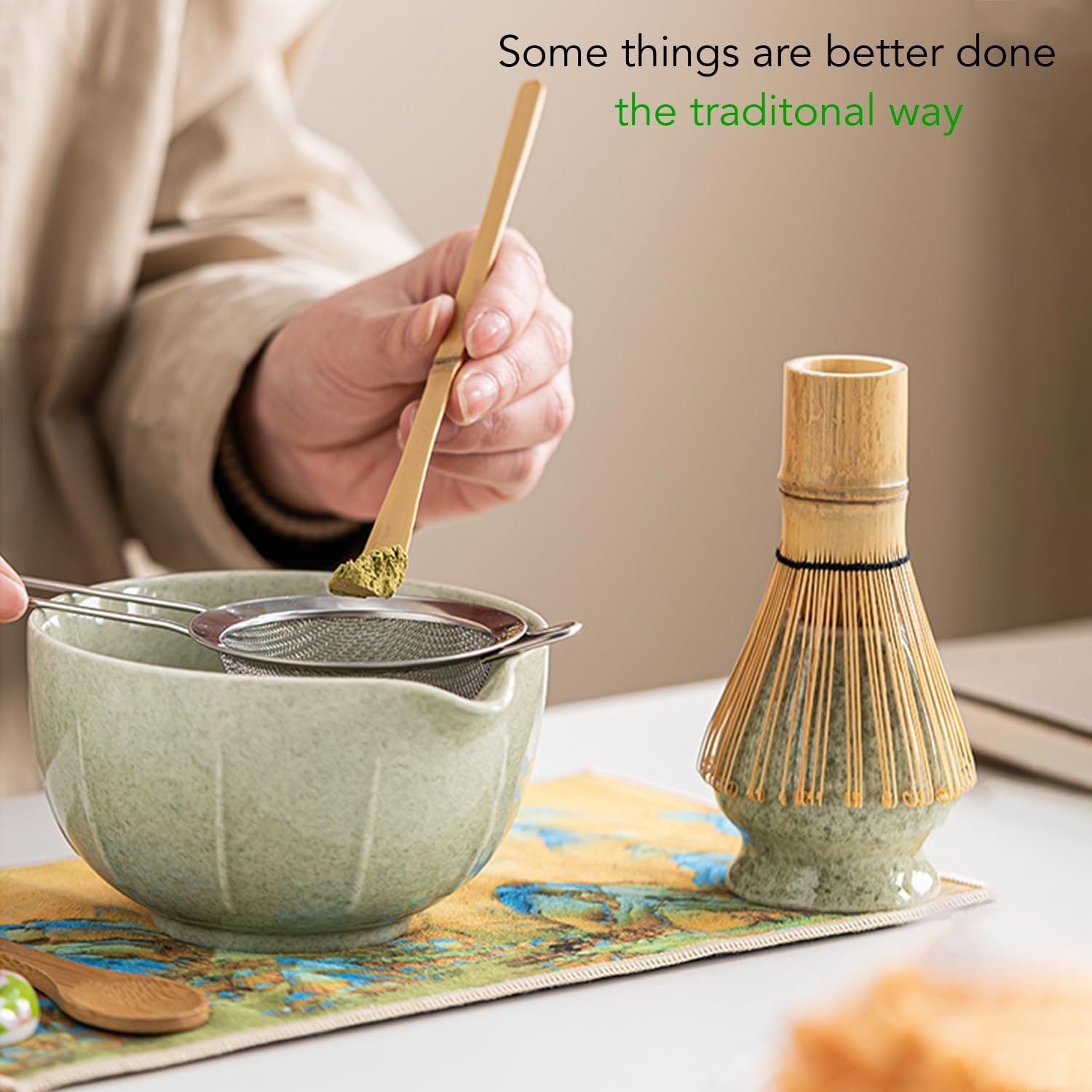 HJB VISSO Matcha Whisk Set - 8PCS Japanese Matcha Tea Kit for Traditional Tea Ceremony, Japanese Tea Making Tools with Whisk, Ceramic Bowl, Scoop,Tea Mat, Classic Green image number 4