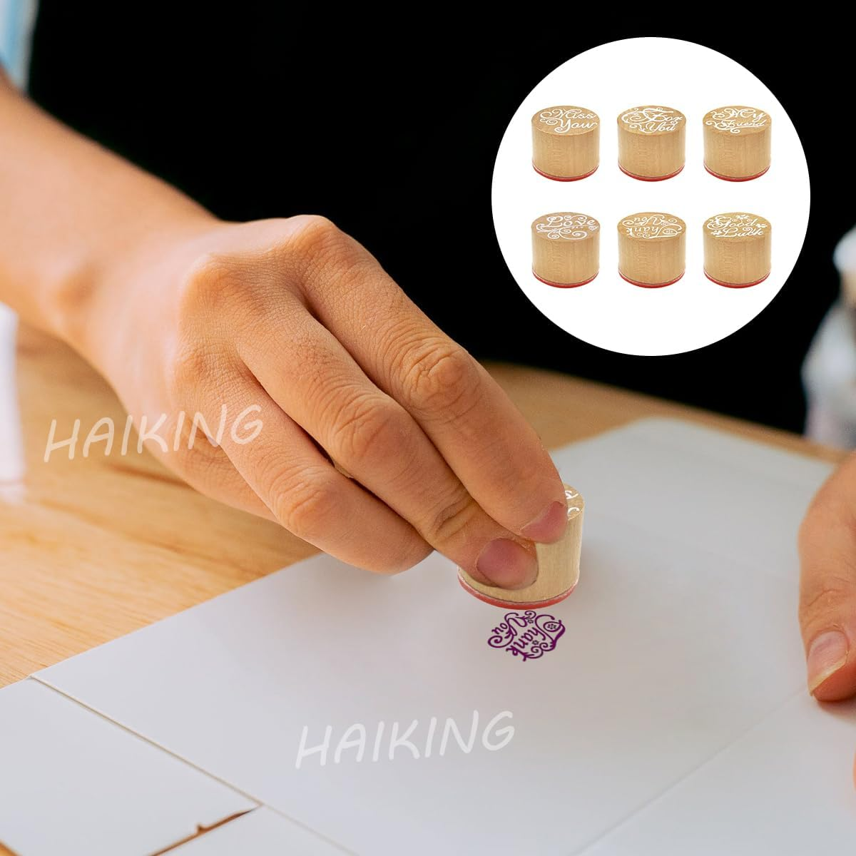 Wooden Stamper, 6 Pcs round Blessing Words Pattern Rubber Stamp Set for DIY Craft Card, Scrapbooking, Birthday Party Gift, Prize Bag Fillers (6 Style) image number 2