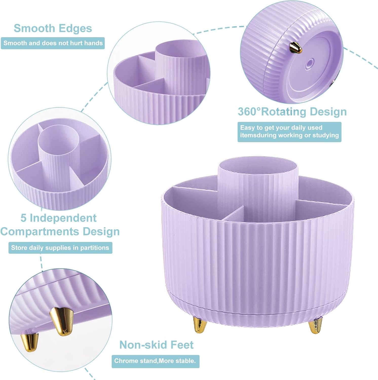 Cayxenful Pencil Holder for Desk,5 Slots 360&deg;Degree Rotating Desk Organizers and Accessories,Desktop Storage Stationery Supplies Organizer, Cute Pencil Cup Pot for Office, School, Home (Purple)