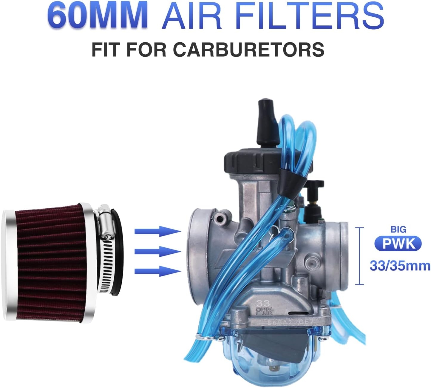 2PCS Motorcycle Air Filter Universal 60MM Replacement Engine Filter Dirt Bike High Performance Air Filters Fit Motocross Carburetor Cleaner for Pit Bike Scooter Moped YAMAHA HONDA SUZUKI KAWASAKI ATV