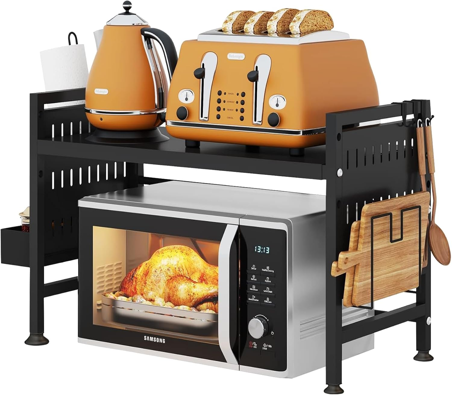 Extendable Microwave Stand, 2-Tier Microwave Shelf with Cutting Boards Stand for Kitchen Storage & Organisation, Heavy Duty Microwave Oven Rack Countertop with 3 Hooks image number 5