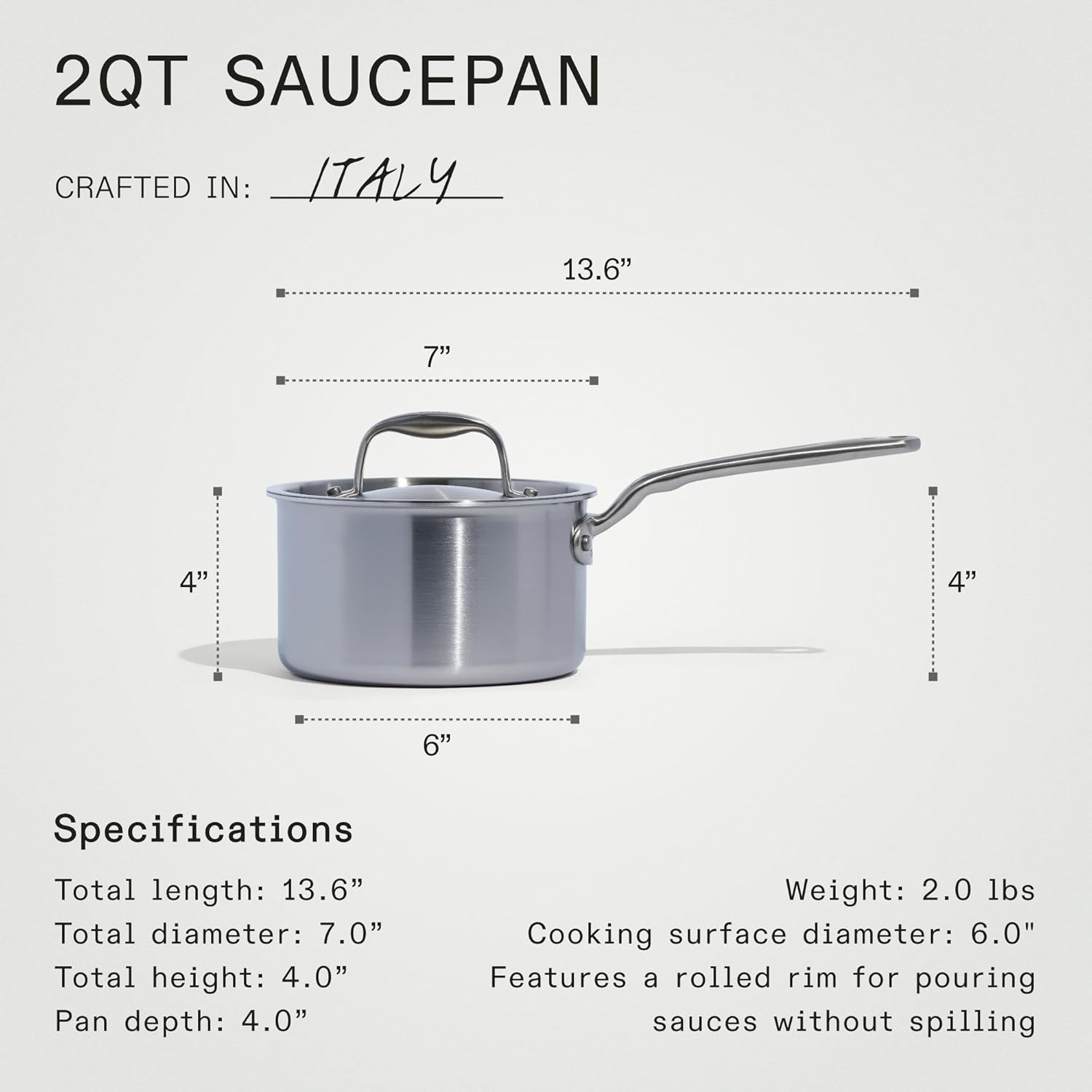 Made in Cookware - 2 Quart Stainless Steel Saucepan with Lid - 5 Ply Stainless Clad Sauce Pan - Professional Cookware - Crafted in Italy - Induction Compatible image number 3