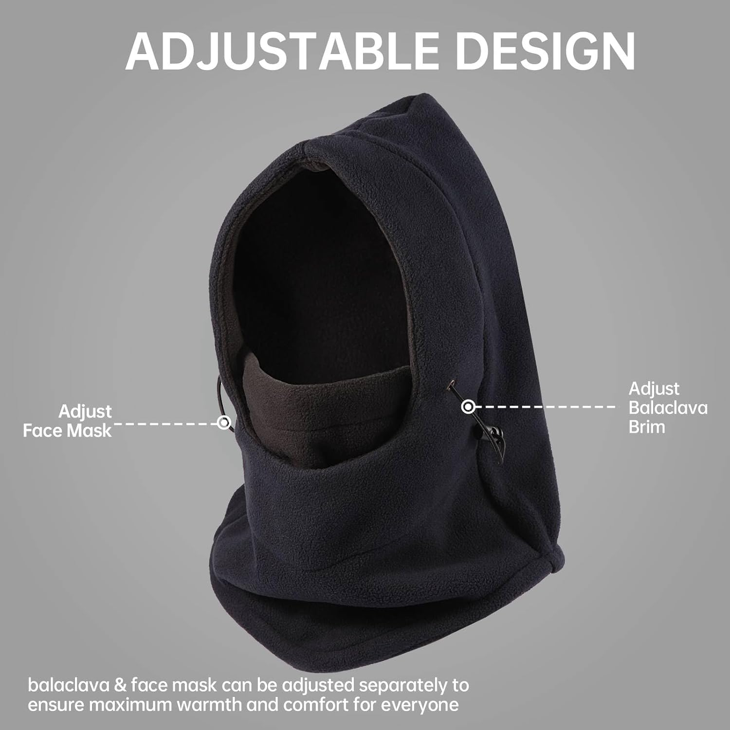Balaclava Face Mask for Men Women: Thermal Polar Fleece Hood Windproof Ski Mask with Adjustable, Convertible Warm Face Cover Hat Scarf - Grey/Black image number 2