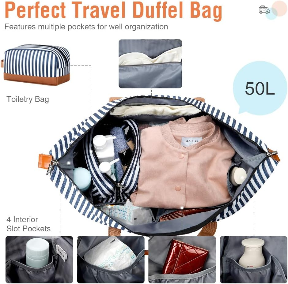 Lekesky Overnight Bag for Women Weekend Bag with Shoes Bags Toiletry Bag Shoes Compartment Weekender Bag Trave Duffle Bag, A-Blue Striped, 50L, Travel Bag image number 2
