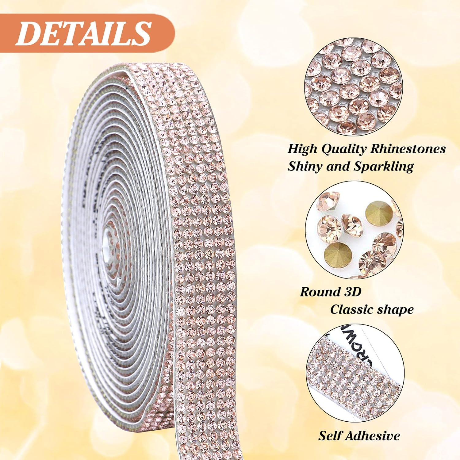Self Adhesive Champagne Crystal Rhinestone Strips Diamond Ribbon Bling Gemstone Sticker Roll for Craft with 2 Mm Stones for DIY Arts, Wedding Party, Car Phone Decoration image number 1