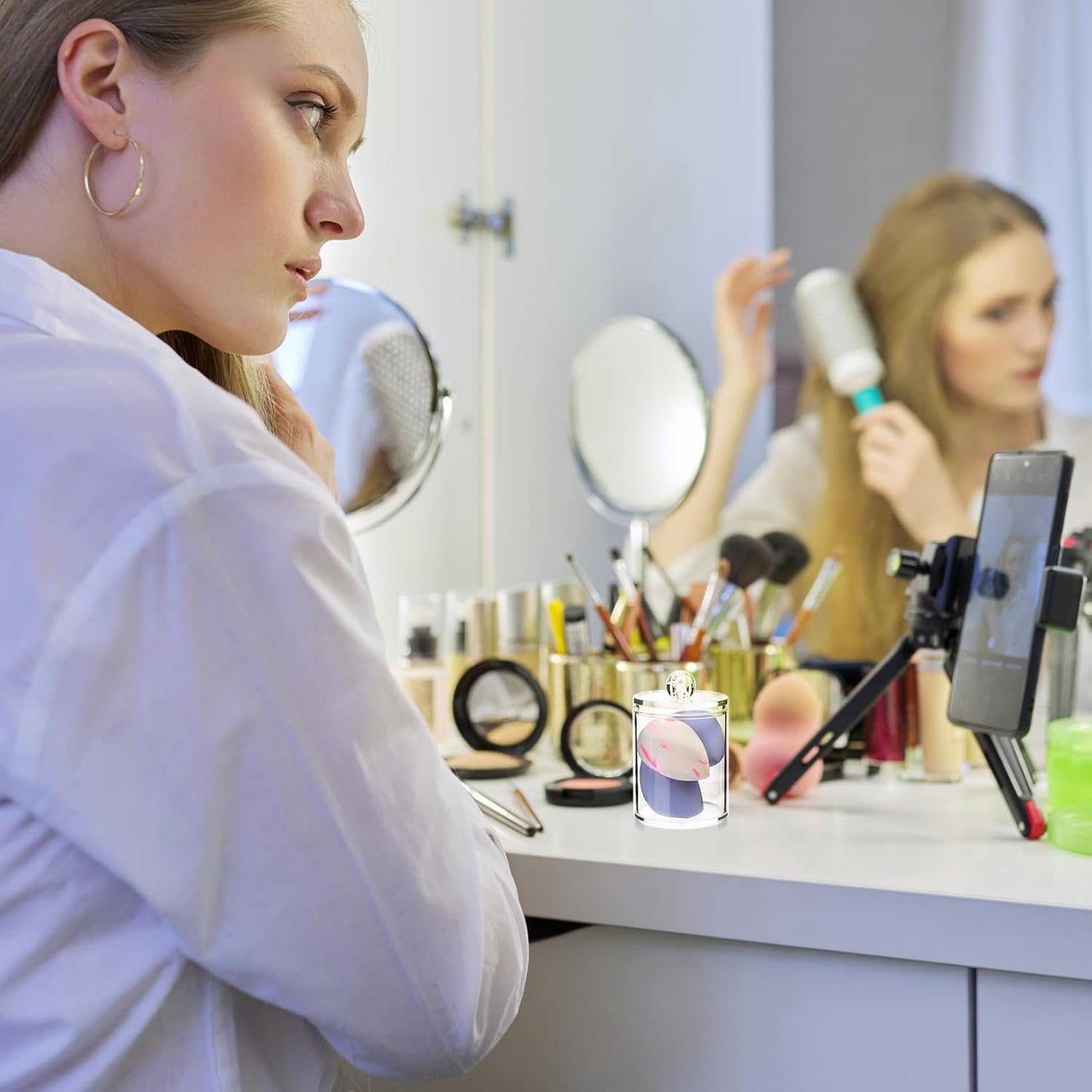 HUIRUMM 3 Pcs Cotton Pad Holder, Bathroom Cotton Wool Bud Holder,Swab Dispenser, round Pads,Clear Plastic Apothecary Jar Set Bathroom Canister Storage Organization, Vanity Makeup Organizer image number 1