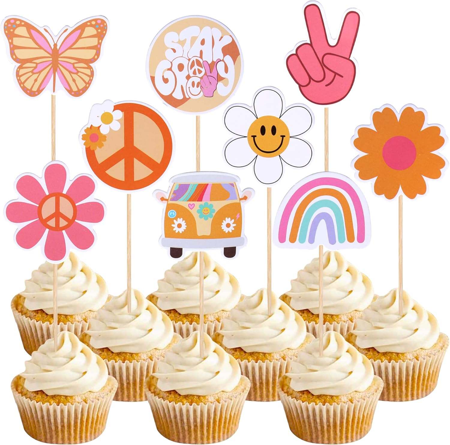 SYKYCTCY 36 Pack Hippie Party Cupcake Toppers Peace Sign Hand Butterfly Two Groovy Cupcake Picks Flower Bus 60S Retro Boho Cake Decorations for Hippie Two Groovy Carnival 2Nd Birthday Party Supplies image number 1