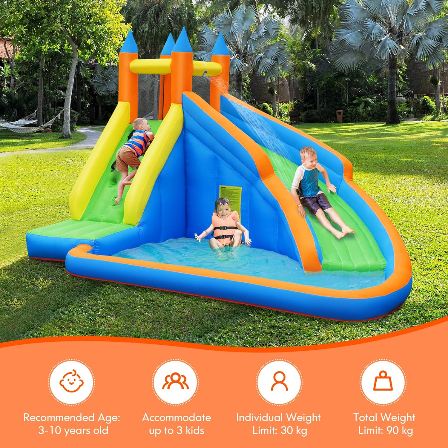 HONEY JOY Inflatable Water Slide Bouncer, Children Wet & Dry Bounce House with Climbing Wall, Long Slide, Splash Pool, Inflatable Water Park W/Oxford Carry Bag, Repairing Kit, Stakes (Without Blower) image number 1