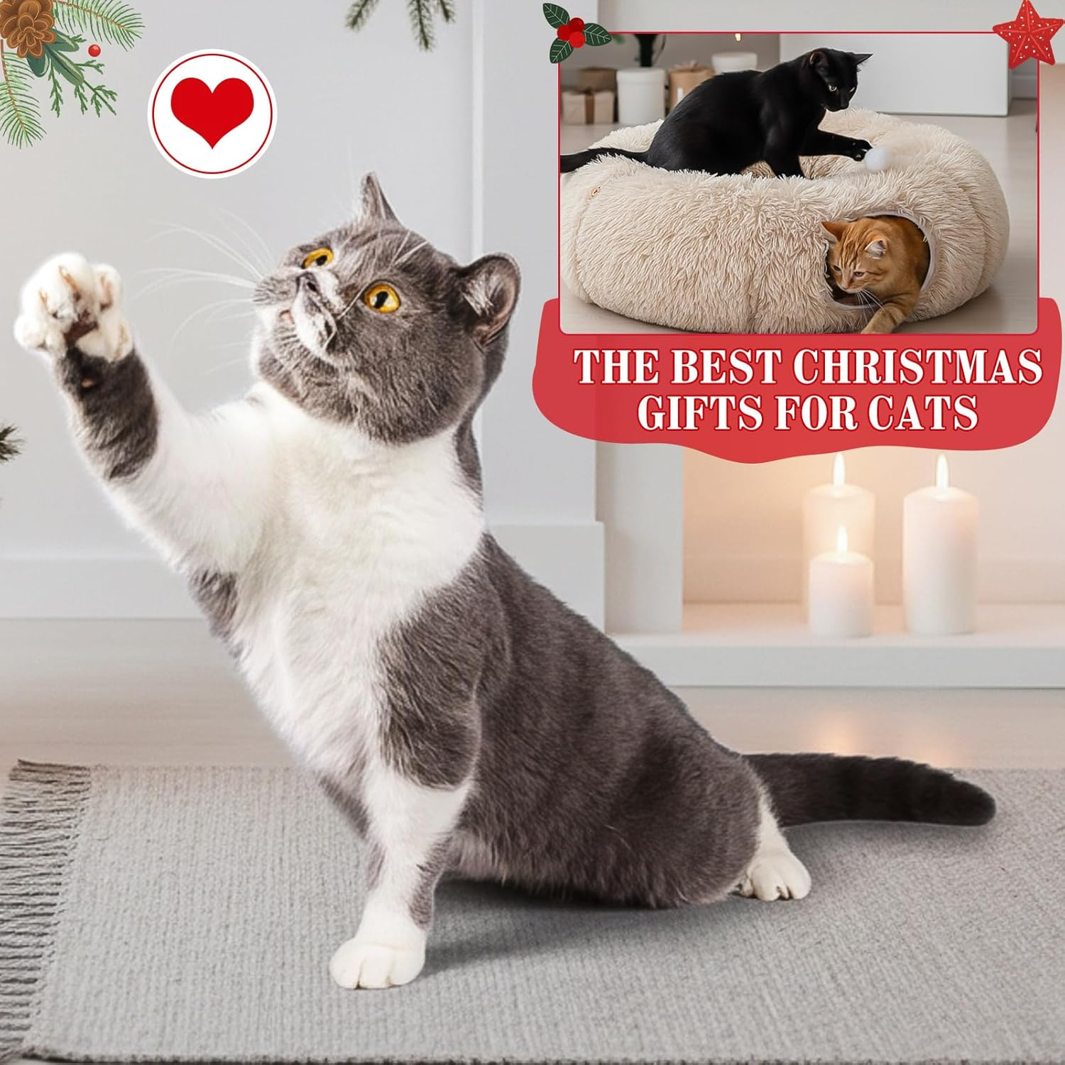 Siltriangle Cat Tunnel Christmas Tree Skirt Large Soft Plush Tunnel Bed under Christmas Tree for Indoor Cats 36" Circle Donut Tube Bed with Central Mat for Cat Puppy Rabbit Kitten Xmas Gifts(Beige) - Green image number 7