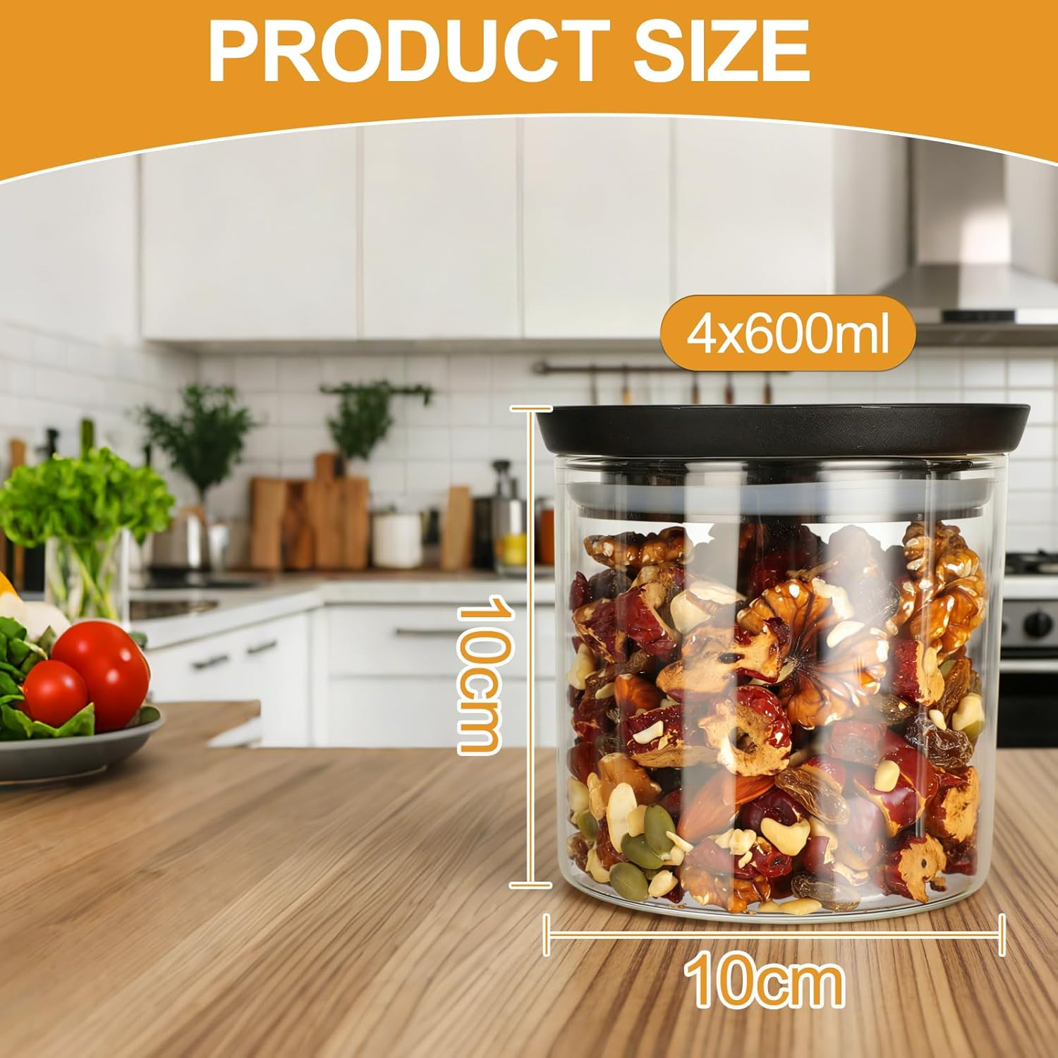 Romon Glass Containers with Lid, Set of 4 Storage Jars Made of Borosilicate Glass, Airtight Storage Jars, Stackable, Transparent for Kitchen, Flour, Coffee and Salt, 600 Ml, Round image number 6