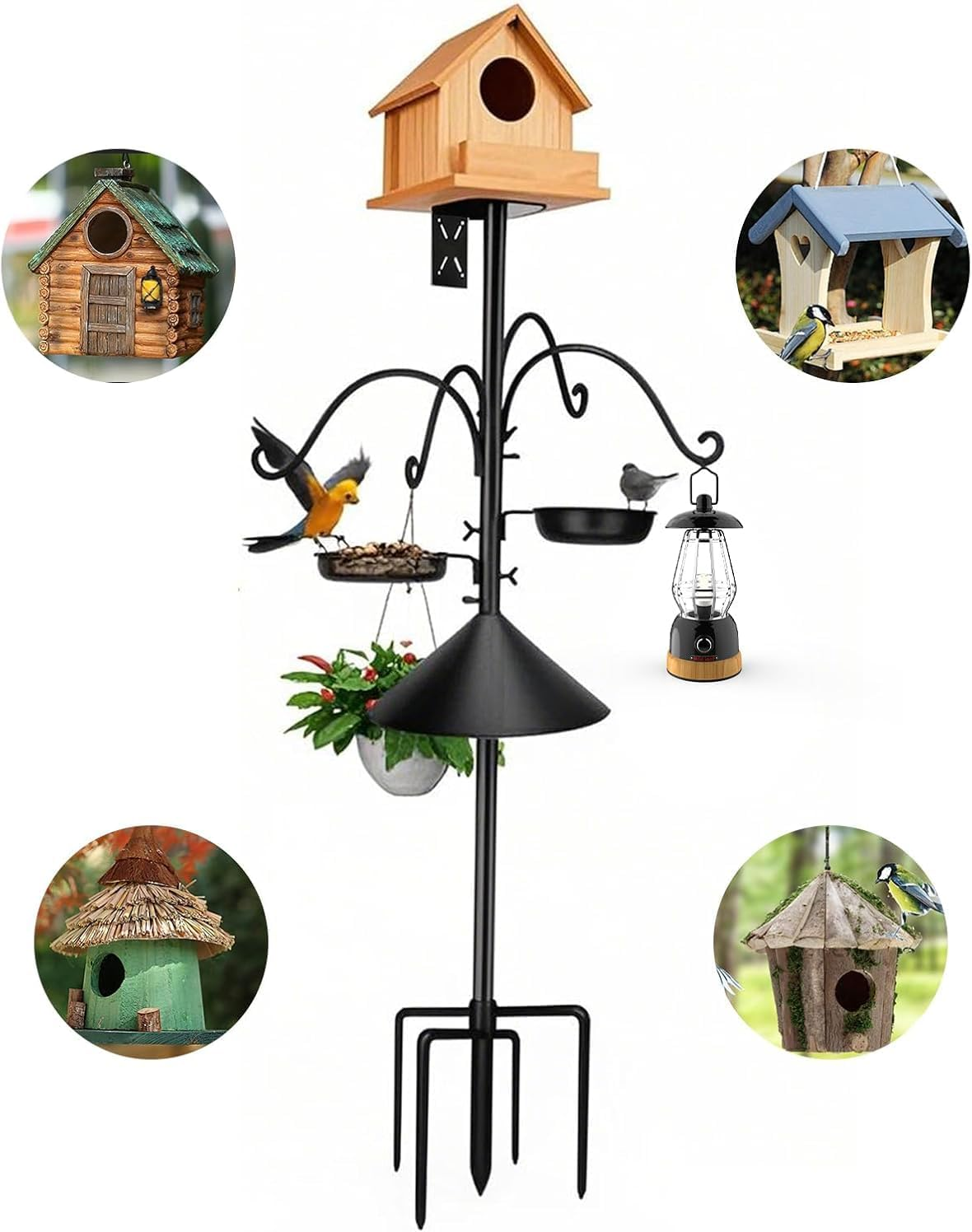 Heavy Duty Bird Feeder Pole Stand, 76 Inch Metal Bird Feeder Pole with Squirrel Proof Baffle, 4 Hooks and 2 Feeding Trays, 5-Prong Base Outdoor Birdhouse Stand, Garden Bird Feeding Station (Black)