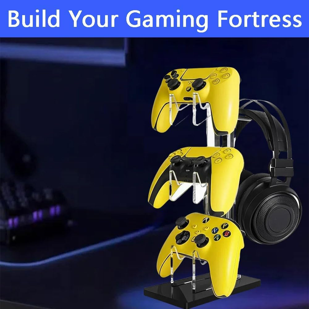 Acrylic 3-Tier Game Controller and Headset Stand, Universal Holder for PS5, PS4, Xbox One, Switch, Transparent Gaming Accessories Organizer with Anti-Slip Base for Desk Display image number 1