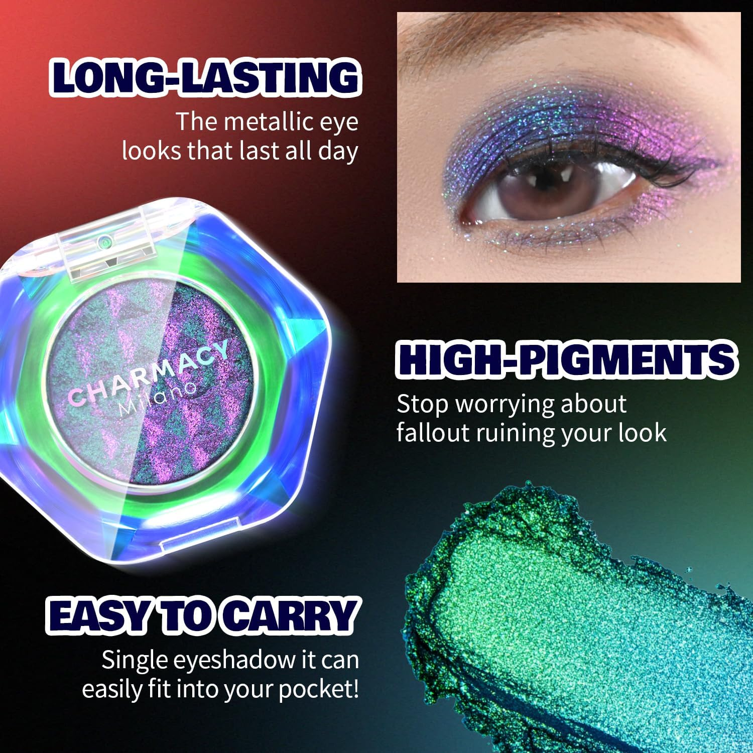 CHARMACY Multichrome Glitter Eyeshadow, Intense Pigmentation Chameleon Sparkling Eyeshadow, Bright Highlighter Duochrome Eye Make Up, Multi-Reflective Finishes Glitter Metallic Eye Makeup #05 - 01 image number 3