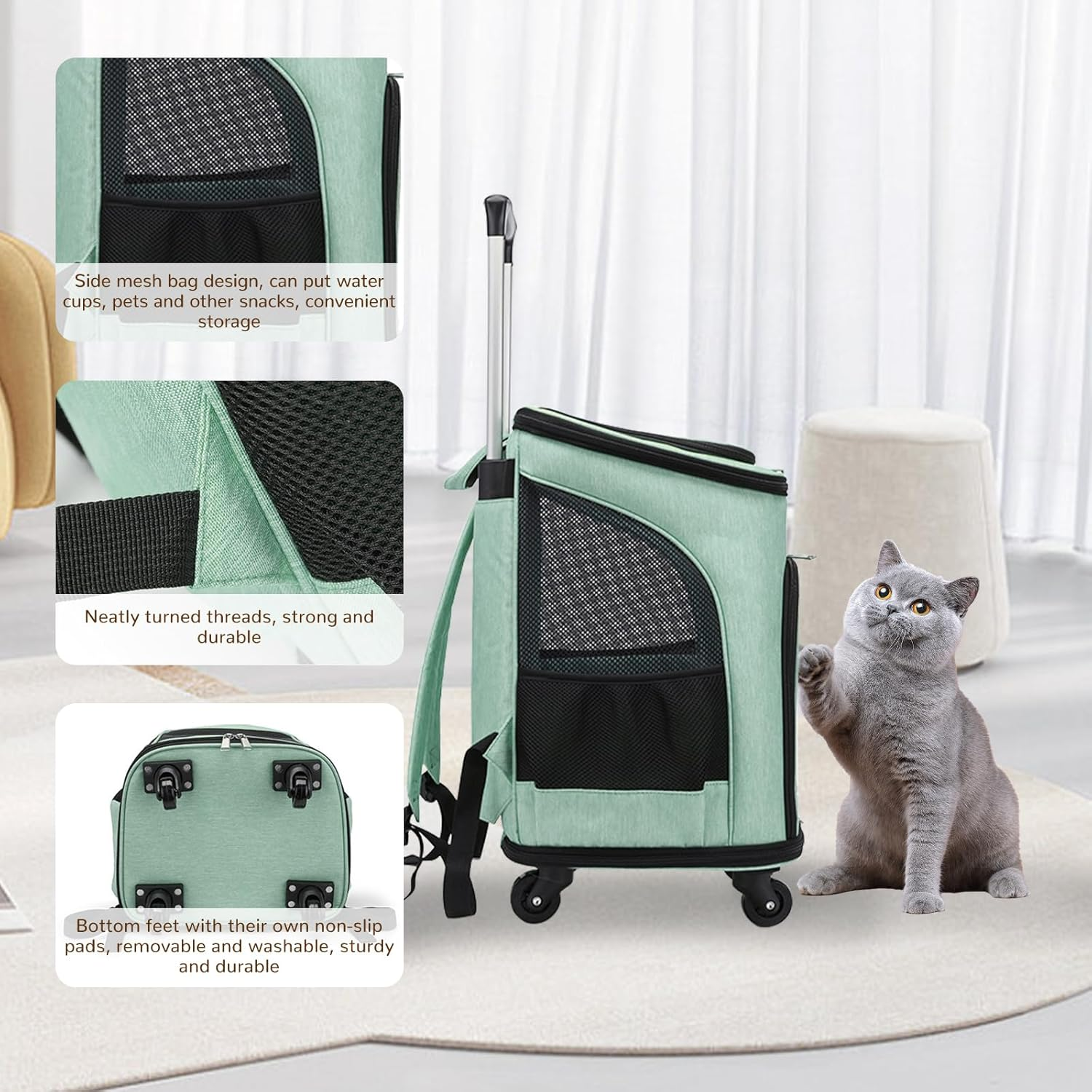 Rolling Pet Carrier, Portable Large Capacity Breathable Pet Carrier with Low Noise Wheels, Side Pocket anti Scratch Cat Backpack for Travel (Green) - Orange image number 2