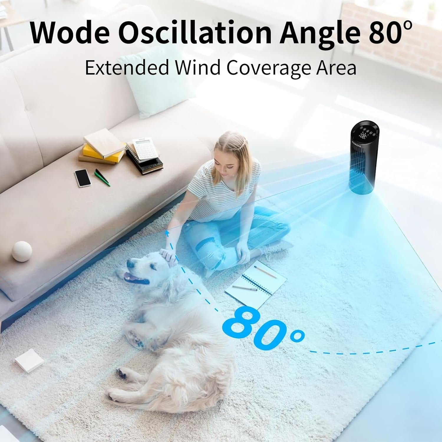 Koreal Desk Fan, 33Cm Quiet Cooling Tower Fan for Bedroom, 4 Speed, 3 Mode, 12H Timer, Digital Touch Screen, Safe Bladeless Table Fan for Home Desktop Office