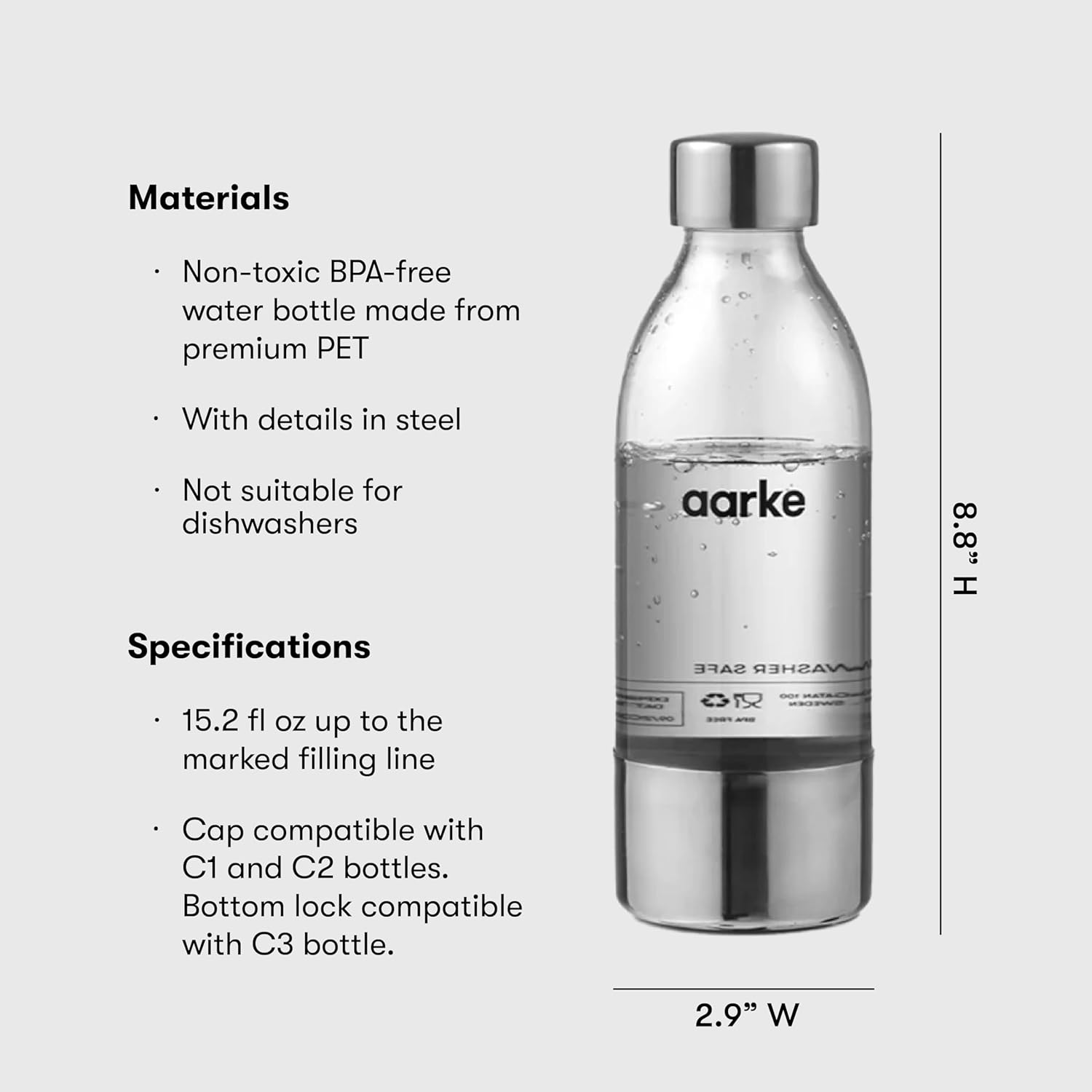 Aarke 2-Pack Small PET Bottle for Sparkling Water Maker Carbonator 3, BPA Free with Details in Steel, 450Ml, AASPB1-STEEL image number 1