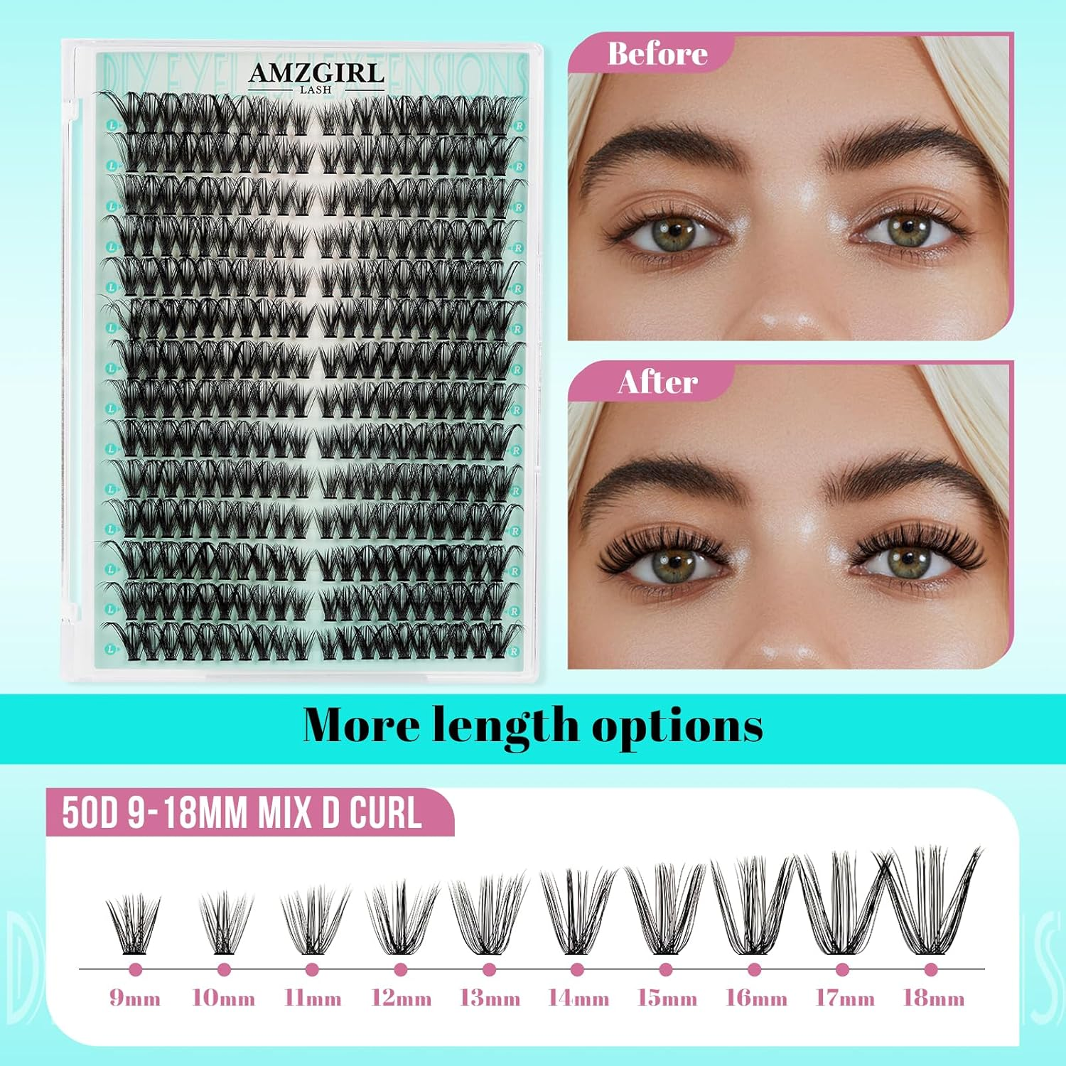 Lash Clusters Kit 280Pcs Lashes Extensxion Wispy Kit 50D D Curl with Bond&Seal Waterproof,Lashes Glue Remover,Lash Tweezers Tools for Eyelash Extension Kit(50D,9-18Mmmix Kit) image number 4