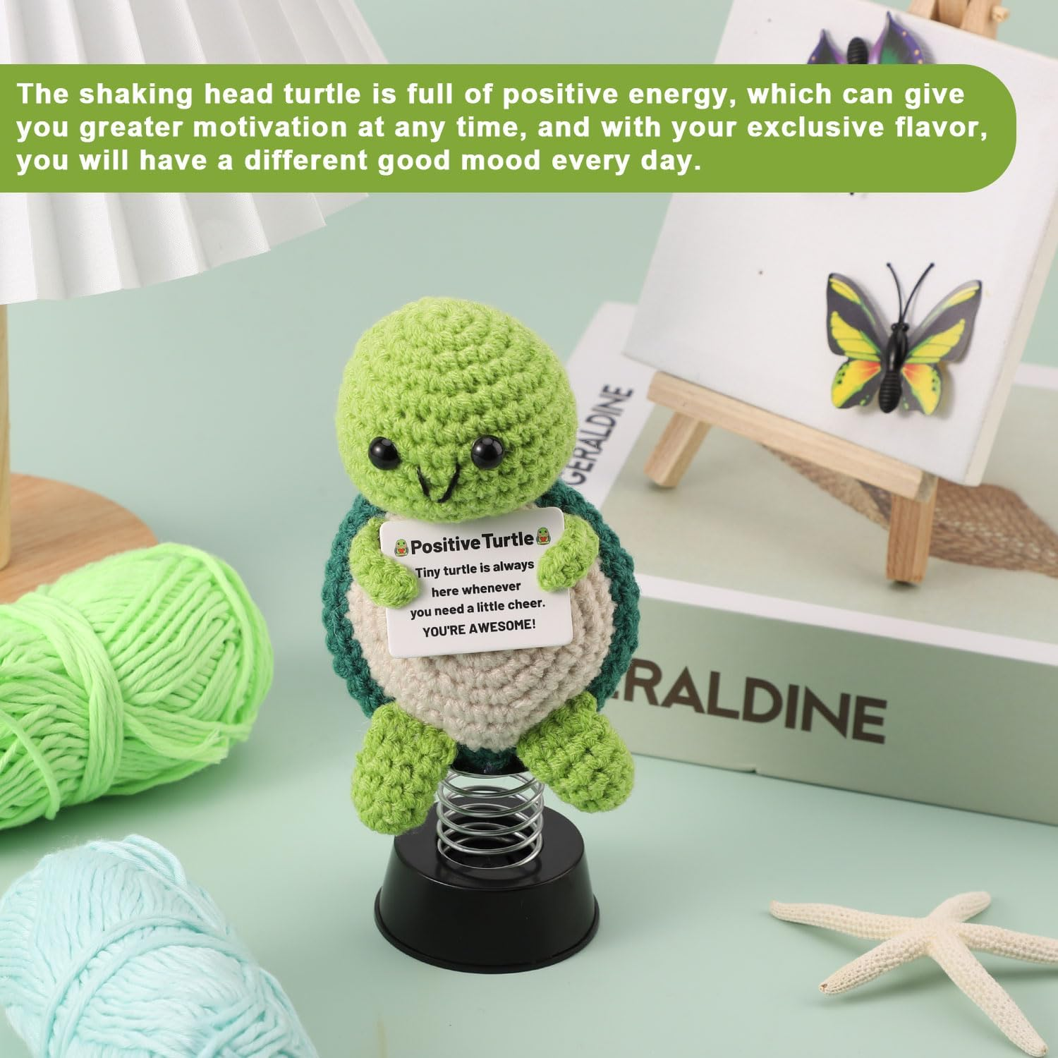 TOYMIS Positive Turtle Crochet, Turtle Car Dashboard Decoration Emotional Doll Support Crocheted Animal Bobblehead for Car Dashboard Ornament Home Office Desktop Decor Inspirational Gift