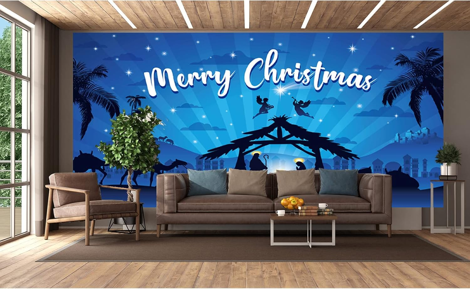 Gisgfim Outdoor Holy Nativity Christmas Holiday Garage Door Banner Cover Large Manger Scene Religious Blue 2023 Christmas Backdrop Decoration - Big Size 6X13Ft image number 4