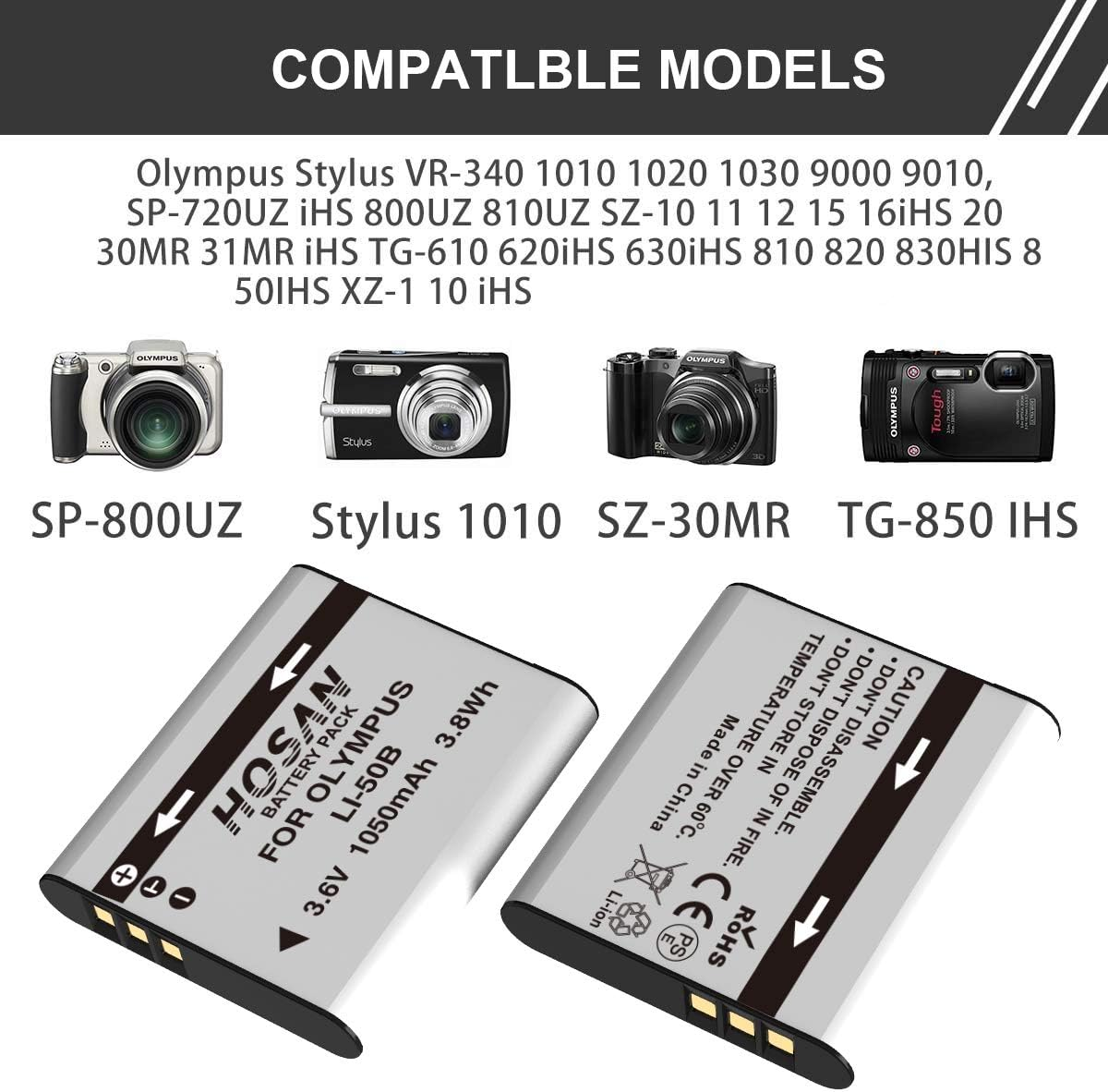 LI-50B Battery (2 Pack) and Dual USB Charger Kit for Olympus Li-50B, Pentax D-Li92,Ricoh DB-100, SP-720UZ, SP-800UZ, SP-810UZ, Olympus SZ-10, SZ-12, SZ-15, SZ-16, SZ-20, SZ-30MR, SZ31MR