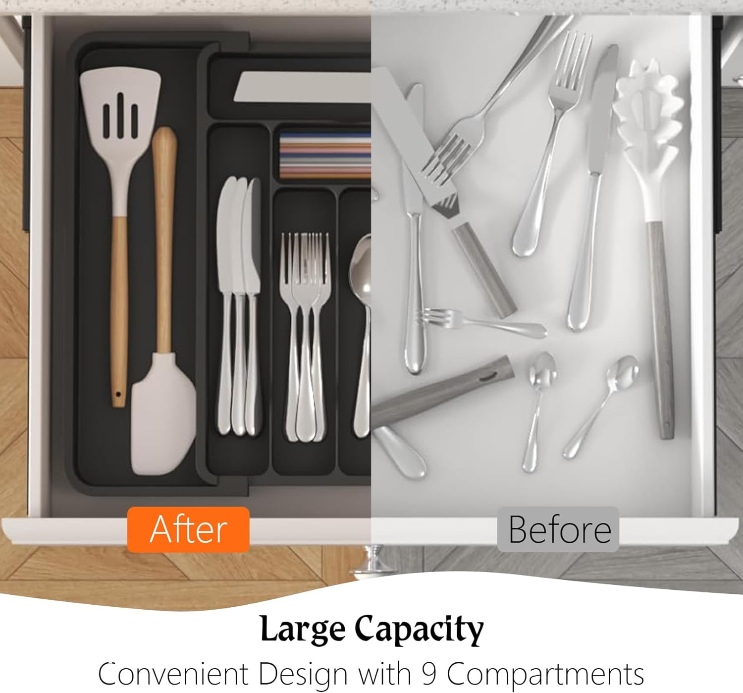 IGGDOQI Cutlery Drawer Organiser, Silverware Organiser for Kitchen Drawers with 9 Compartments, 3 Sided Expandable Utensil Tray, Adjustable Flatware Tray for Spoons Forks Knives (Large-Black) image number 3