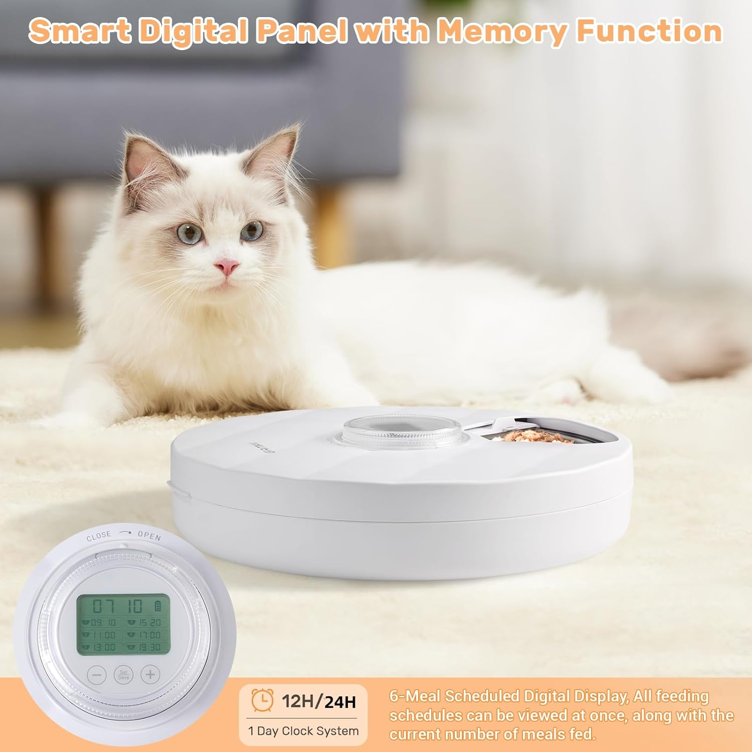 GAMKII Automatic Cat Wet Food Feeder 6 Meals, Battery Power Auto Pet Wet Food Dispenser with Timer, Memory Function for Cats Small Dogs-First Meal with Cover (Stainless Steel Food Tray)