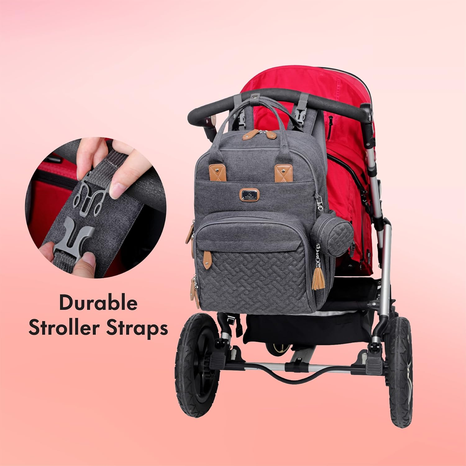 Dikaslon Changing Bag Backpack, Large Nappy Back Pack Multifunction Baby Bags with Portable Changing Mat, Pacifier Holder, and Stroller Straps, for Mom and Dad image number 4