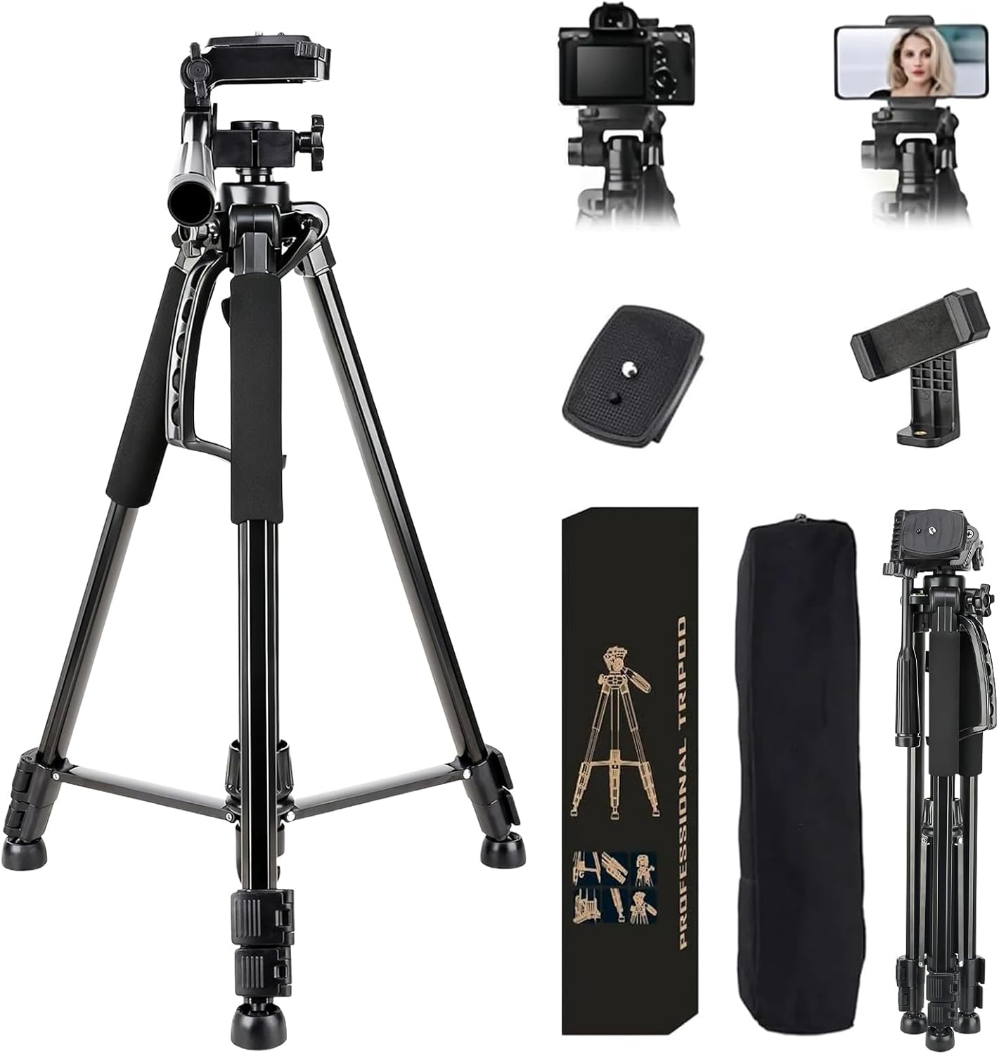 STEUGO 74"/188CM Camera Tripod Stand, Foldable Aluminum Tripod, 360&deg; Ball Head Detachable Camera Tripod, Spotting Scope Tripod with Carry Bag, Support Canon,Sony,Nikon,Dslr Camera, Cellphone (Black)