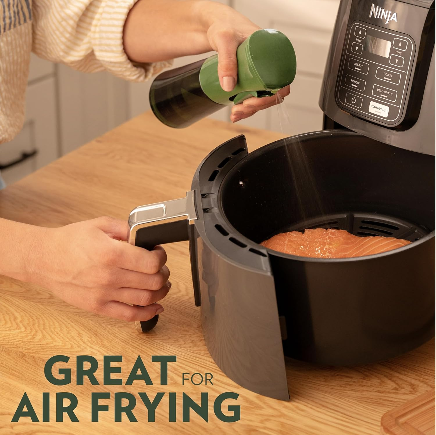 FLAIROSOL OLIVIA Oil Sprayer for Cooking, 200Ml Glass Olive Oil Sprayer, Continuous Oil Spray Bottle with Portion Control, Oil Dispenser for Kitchen, Air Fryer, Salad, BBQ (Green Bottle, Gold Print) - Green image number 5