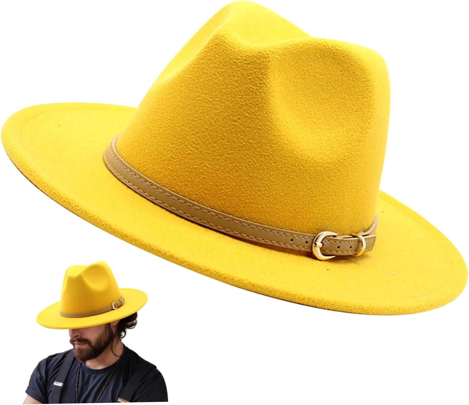 Muzrunq Felt Hats Felt Cowboy Hat with Leather Belt Wide Brim Western Hat Jazz Hats for Dress up Party Accessories Yellow Felt Hats for Women, Felt Cowboy Hat- image number 2