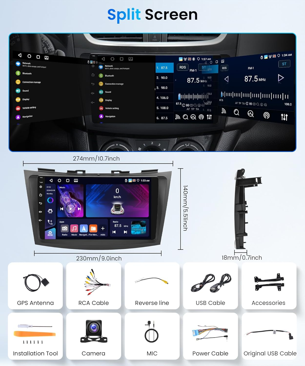 4+64G Android Car Radio Stereo for Suzuki Swift 2011-2017 with Wireless Carplay Android Auto, 9&rsquo;&rsquo; Touch Screen Head Unit with Bluetooth GPS Navigation Mirror Link Wifi FM/RDS DSP Backup Camera SWC