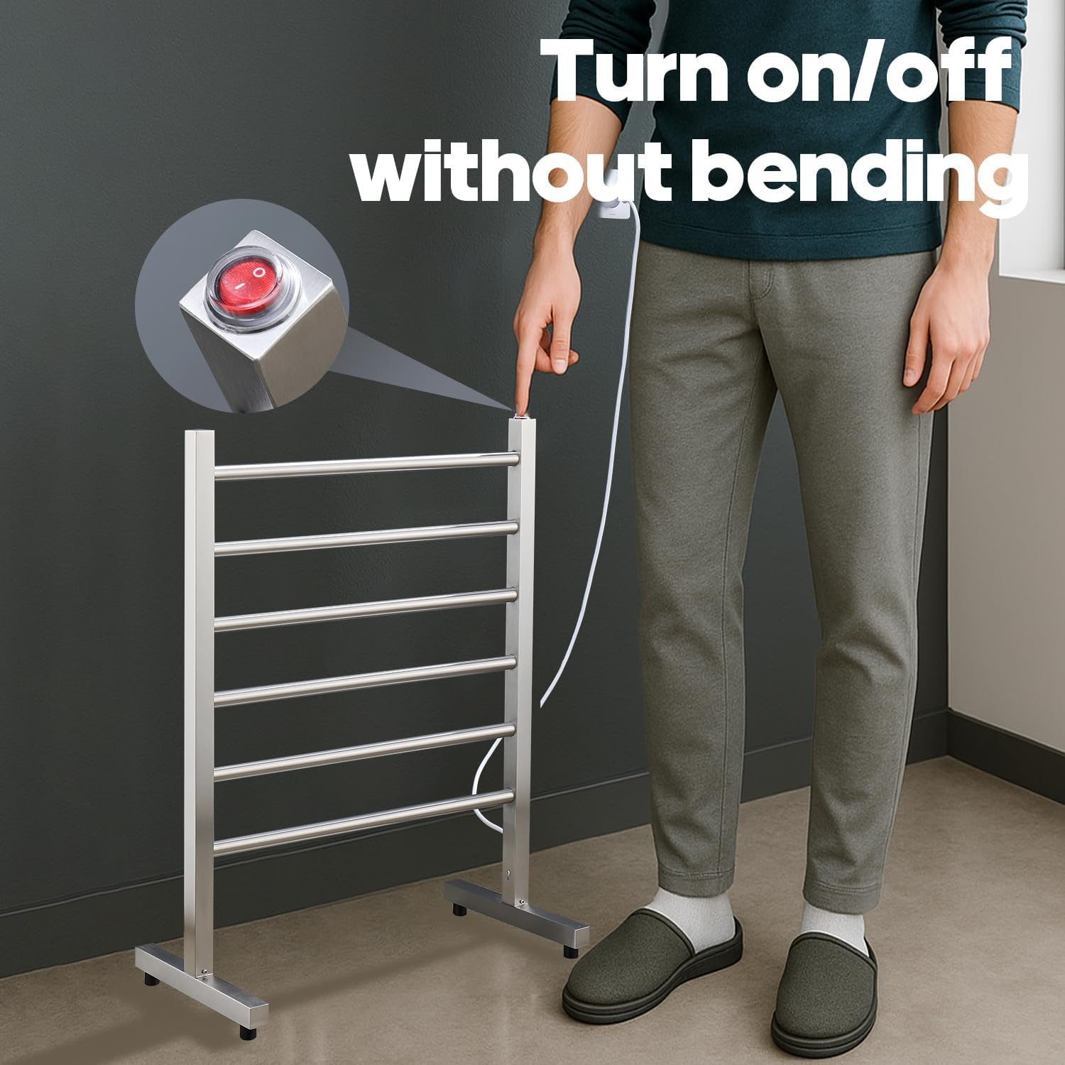 Decaura 6-Bar Freestanding Heated Towel Rail, Electric Towel Warmer with Square Tube Design, IP55 Waterproof, Stainless Steel, 600Wx795Hx300D Mm image number 4