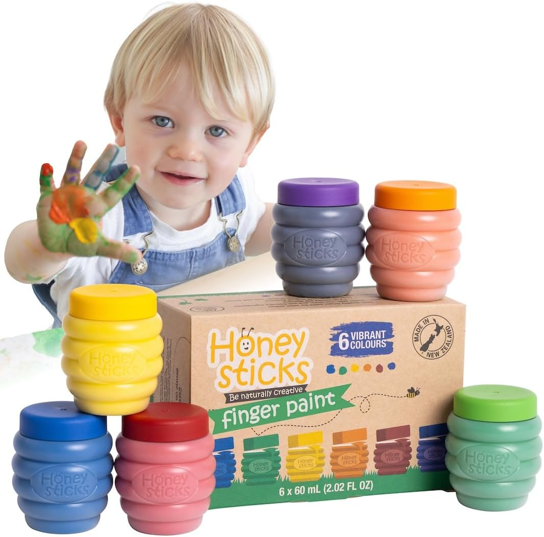 Honeysticks Non Toxic Finger Paint (6 Bright Colours), Washable from Skin, Safe Finger Painting for Toddlers, Kids Ages 1-3, 2-4, 3-5, Perfect First Paint for Little Artists Age 1+, Water Based
