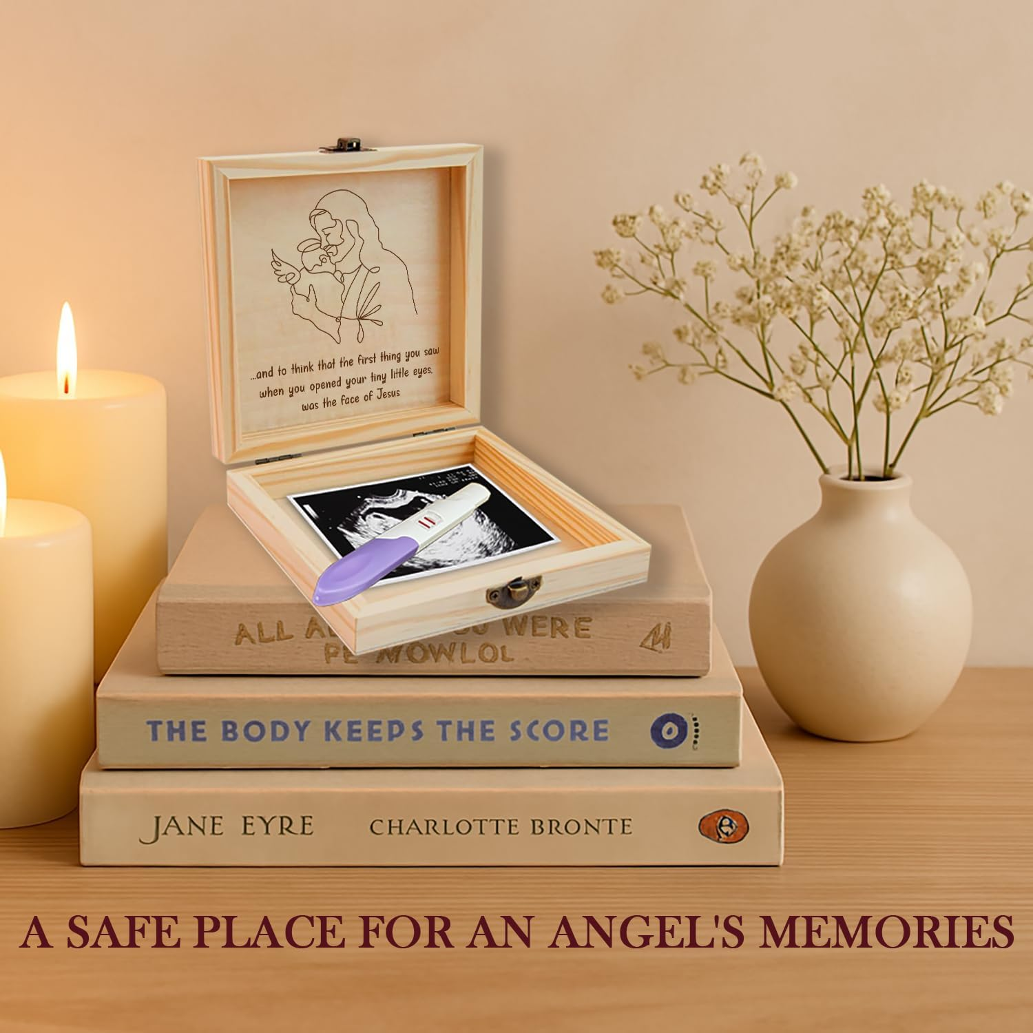 BEEGREENY Miscarriage Memory Box, Baby in Jesus' Arms Engraved Wooden Keepsake Box, a Heartfelt Sympathy Gift for Mothers Loss of Baby, Remembrance Gifts Miscarriages, Infant Loss Memorial for Moms - Sleeping Angel image number 4