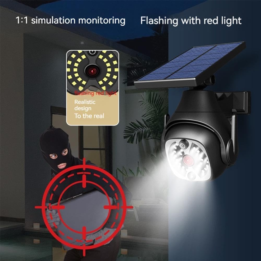 Clearhill Dummy Fake Security Camera and Solar Motion Sensor Lights, 2-In-1 Solar Lights with Remote Control, Realistic Look, Easy to Install, IP66 Waterproof, for Outdoor Porch Yard Garage Garden