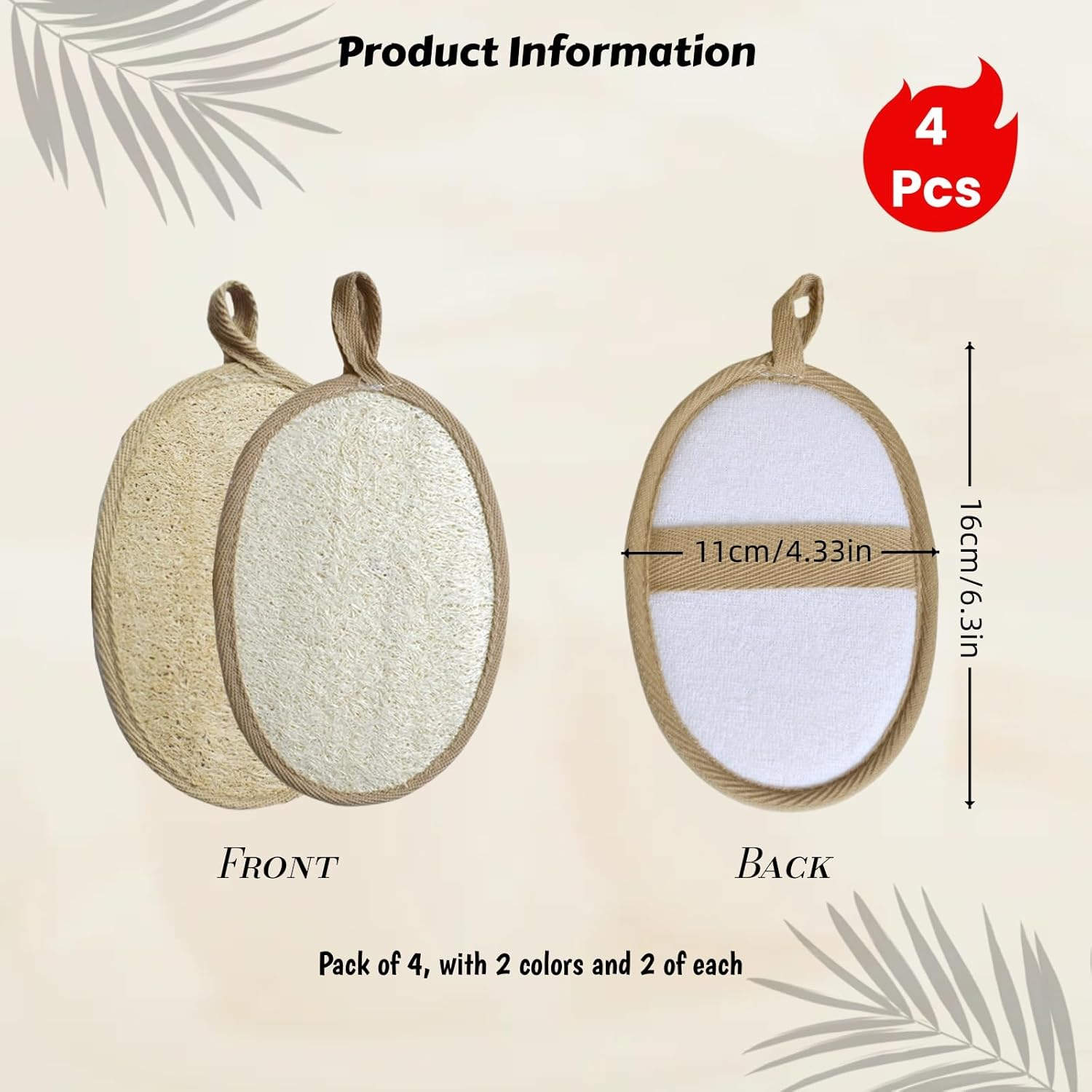 4 Pack Natural Loofah Body Scrubbers, White & Brown Exfoliating Shower Sponge Set for Men & Women, Eco-Friendly Biodegradable Loofa Bath Exfoliator, Gentle yet Effective Body Scrub image number 3