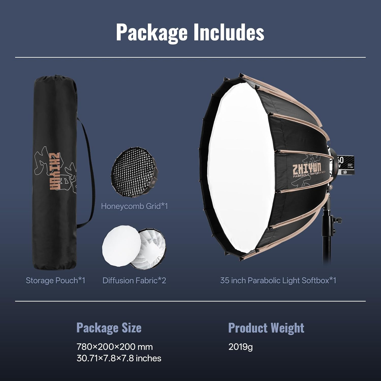 ZHIYUN 35Inch/90Cm/2.9Ft Parabolic Light Softbox Quick Release with Bowens Mount for Photography Studio, Video Recording, Portraits Shooting/Zhiyun Molus G200/ G300/ BB Series image number 5