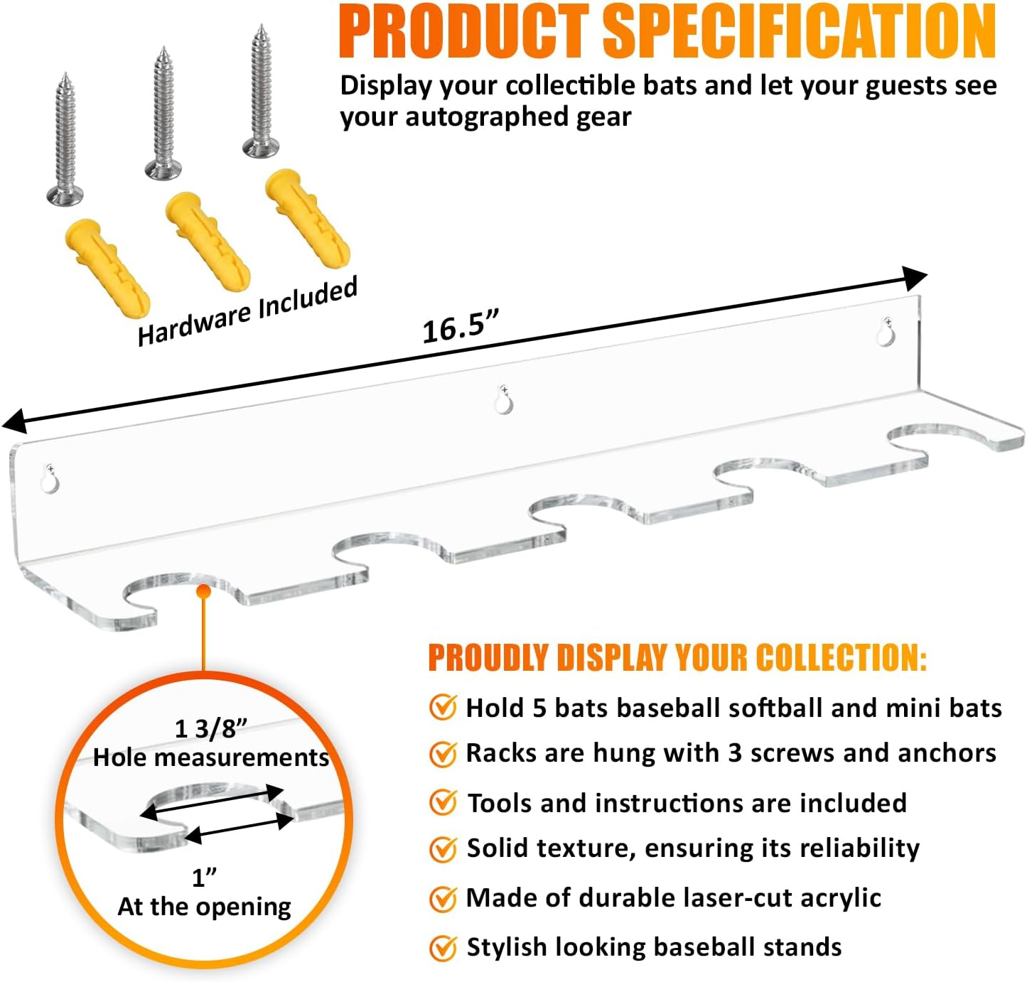 Baseball Bat Display Hanger for 5 Bats or Balls - Vertical Bat and Baseball Holder Wall Mount - Better than Display Case | Sturdy Acrylic Hanging Rack Organizer | Easy to Instal (Hardware Included) image number 3