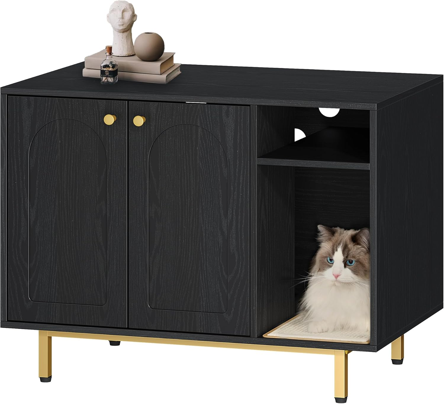 Hzuaneri Cat Litter Box Enclosure, Hidden Litter Box Furniture, Wooden Pet House Side End Table, Storage Cabinet Bench for Living Room, Bedroom, 31.5 X 19.7 X 23.9 Inches, White and Gold 01503GCLB