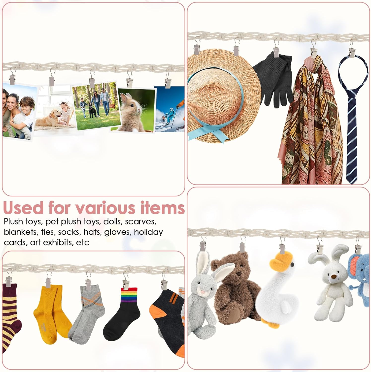 Stuffed Animals Storage Chain with Clips, Hanging Stuffed Animal Holder, Stuffed Animal Storage Hammock Corner,Boho Stuffed Animal Organizer Chain for Wall or Corner Nursery Play Room(1 PCS) - 2Pcs image number 6