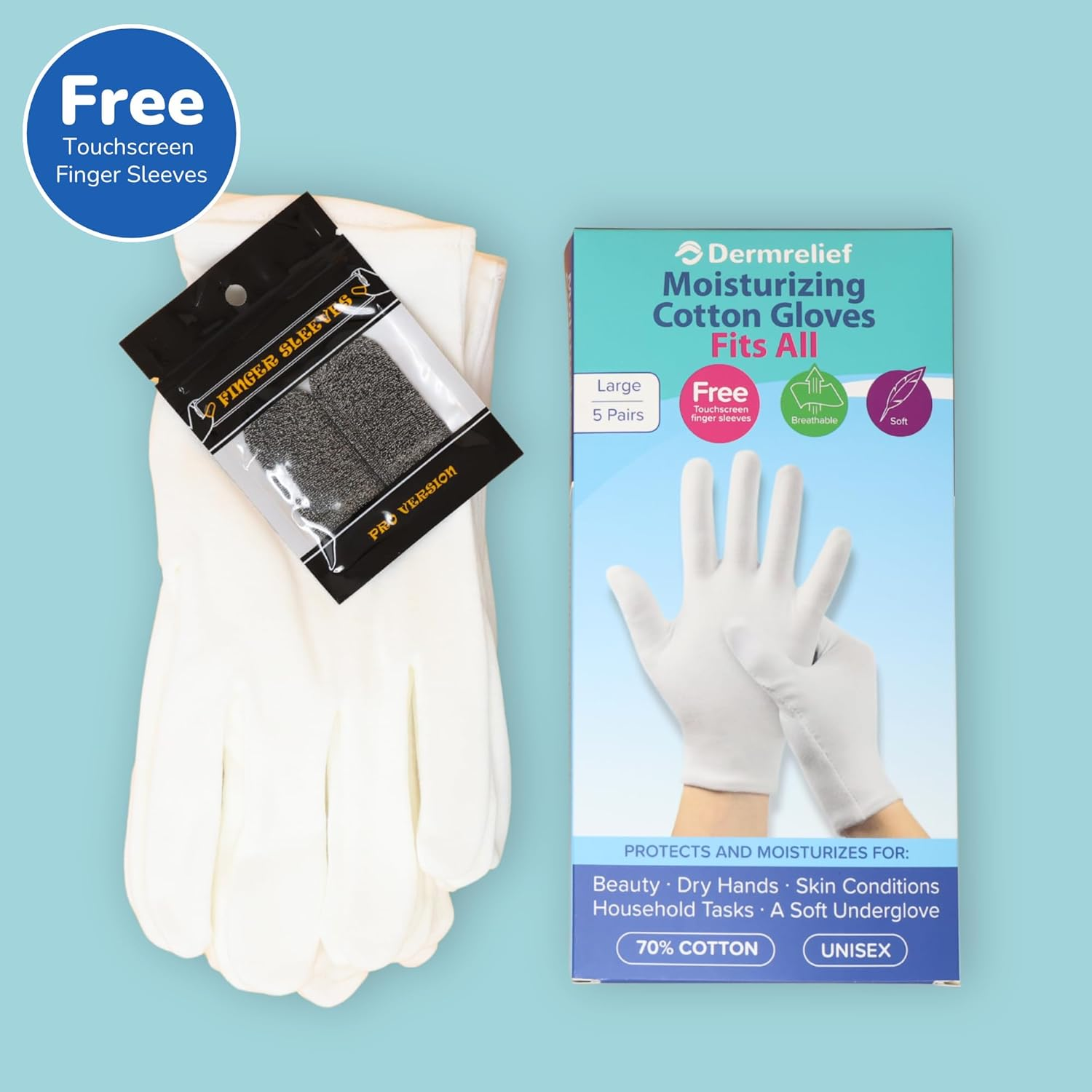 Dermrelief Cotton Gloves Fits All - for Beauty, Dry Hands, Eczema, Dermatitis and Psoriasis (5 Pairs) with Free Gift (Touchscreen Finger Sleeves) (Medium) image number 6