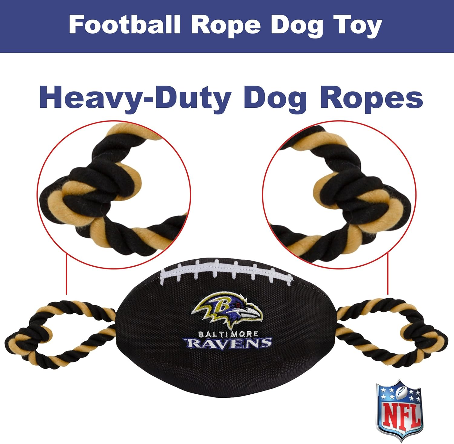 Pets First NFL Baltimore Ravens Football Dog Toy, Tough Nylon Quality Materials with Strong Pull Ropes & Inner Squeaker in NFL Team Color (BAL-3121) image number 4