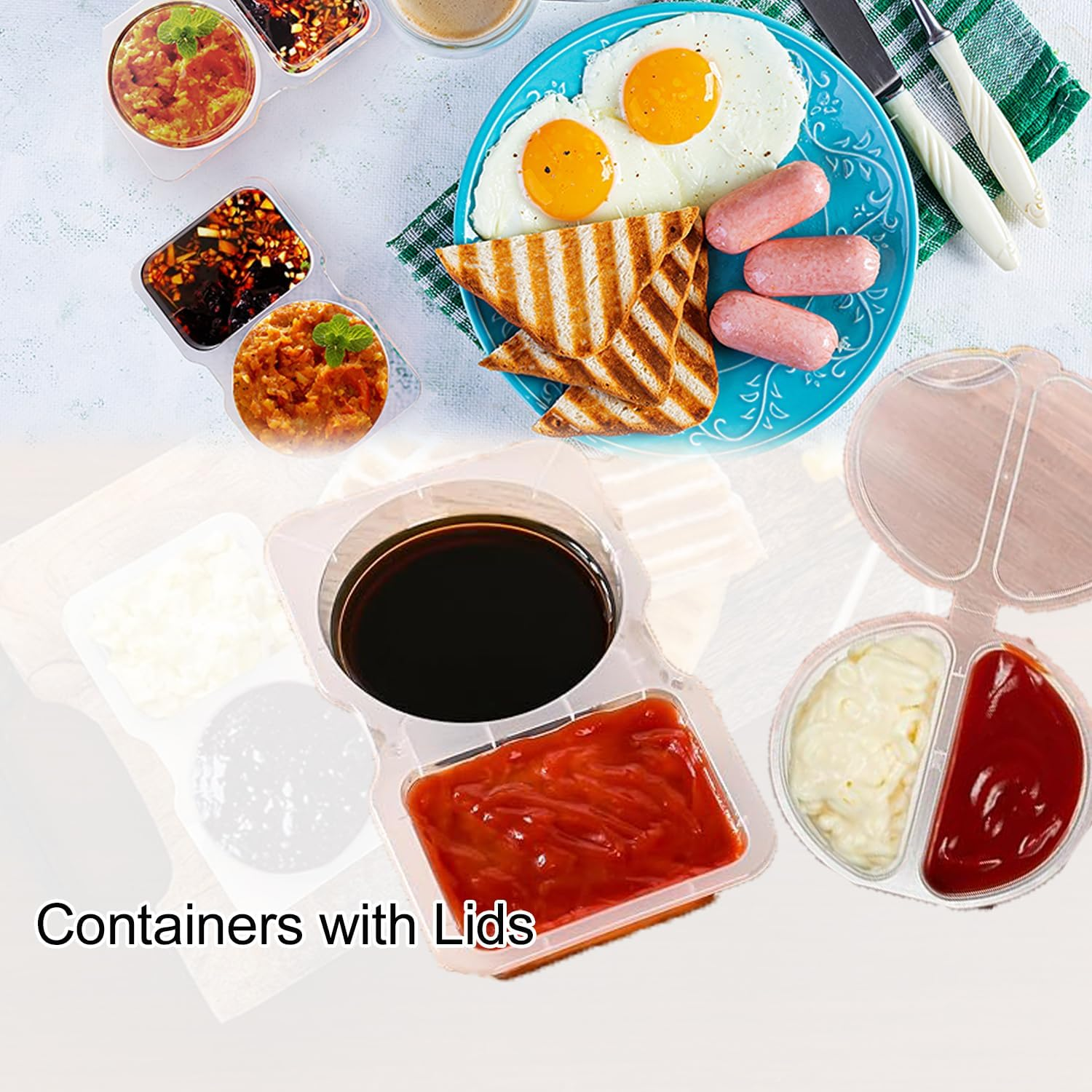 WEZCHUGHAOL 20 Pcs Double Compartment Condiment Containers with Lids 2024 New Reusable Plastic Condiment Snack Containers 2 Sided Compartment Packs for To-Go Dip, Sauce, Sampling, Travel Snack (150ML) image number 1