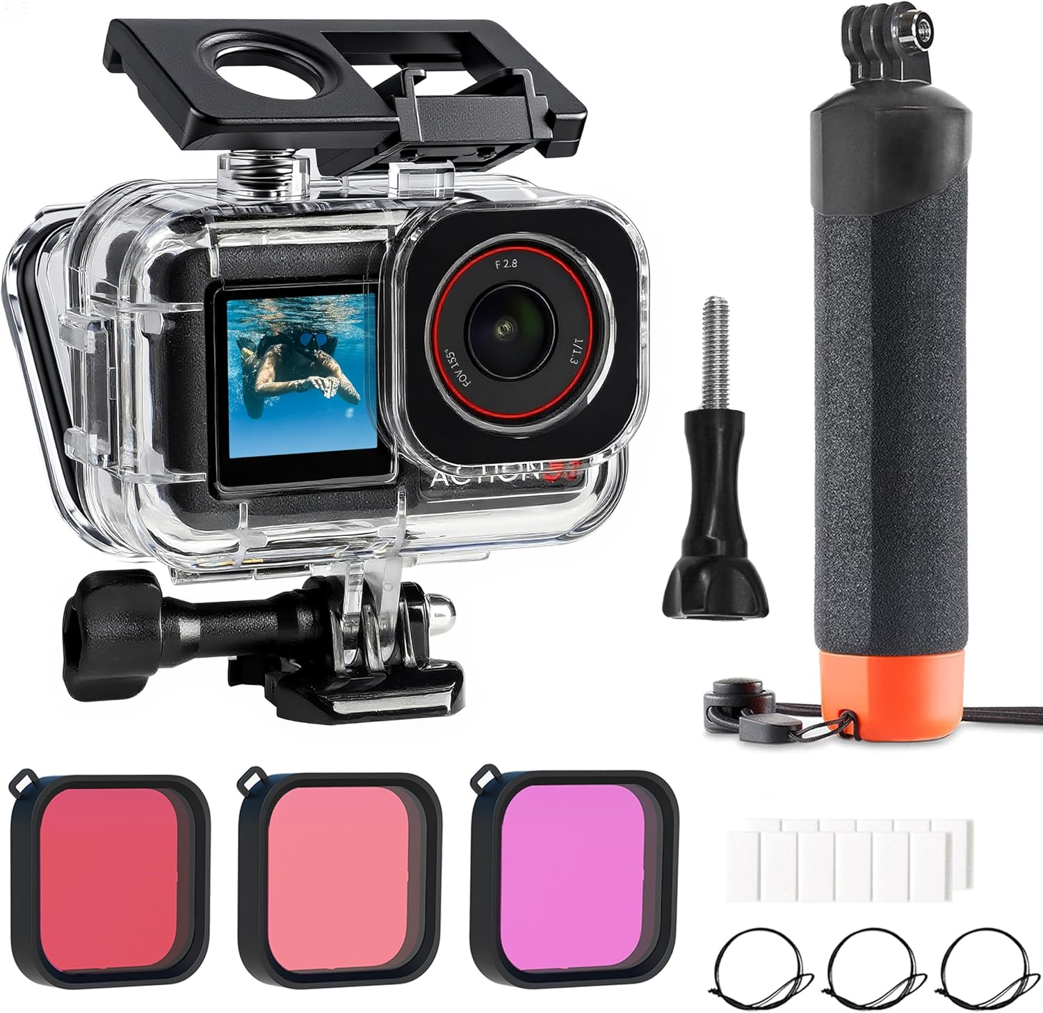 Fitstill 164FT/50M Waterproof Case&3 Filters&Floating Hand Grip Stick Set Compatible for DJI Osmo Action 5 Pro Action 4 Action 3,Snorkeling Surfing,Wakeboarding Protective Cover Shell Accessories Kit image number 5