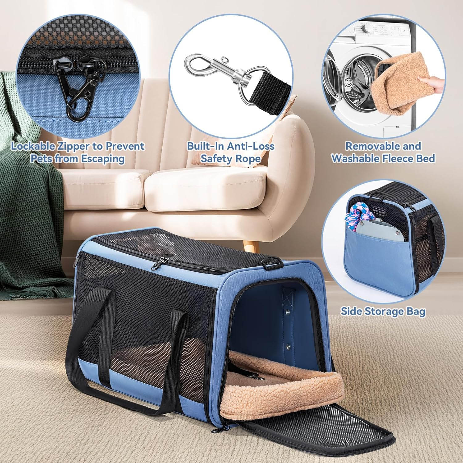 Petsfit Cat Dog Transport Box Car Cat Transport Box Dog - Foldable Carry Bag with 2 Patent Buckles for Car Seat, 4-Sided Mesh & Removable Cushion, M/Blue image number 1