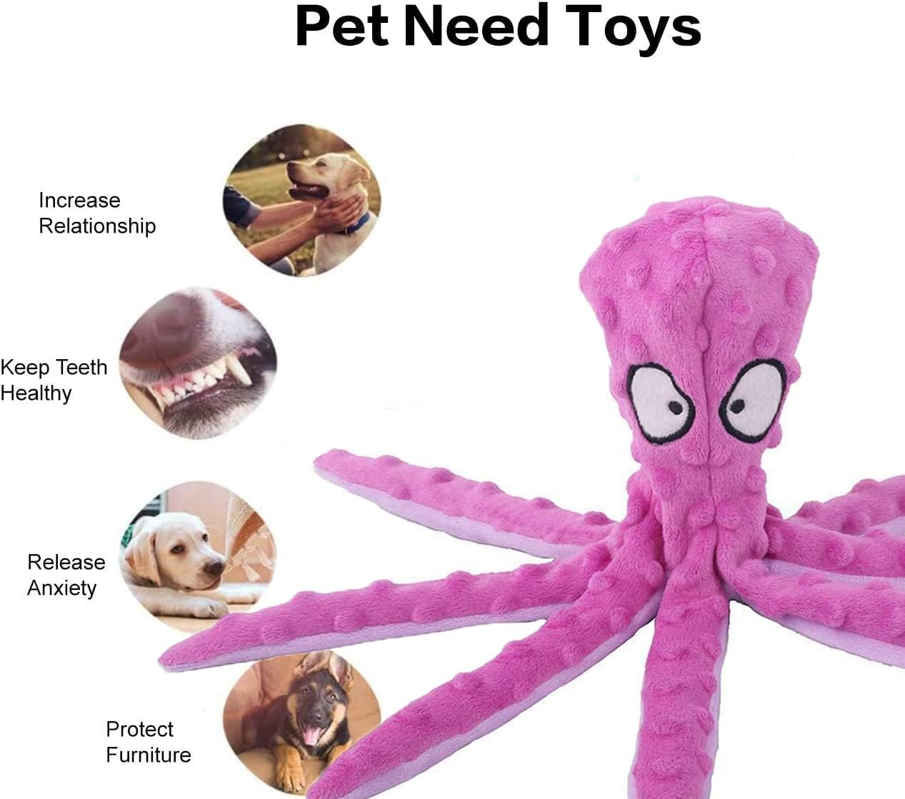 JINDUN 2 Pack Squeaky Dog Toys, Octopus No Stuffing Crinkle Plush Dog Chew Toys for Puppy Teething, Pet Training and Entertaining, Interactive Dog Toys for Puppies, Small,Medium,Large Dogs,Yellow&Pink image number 2