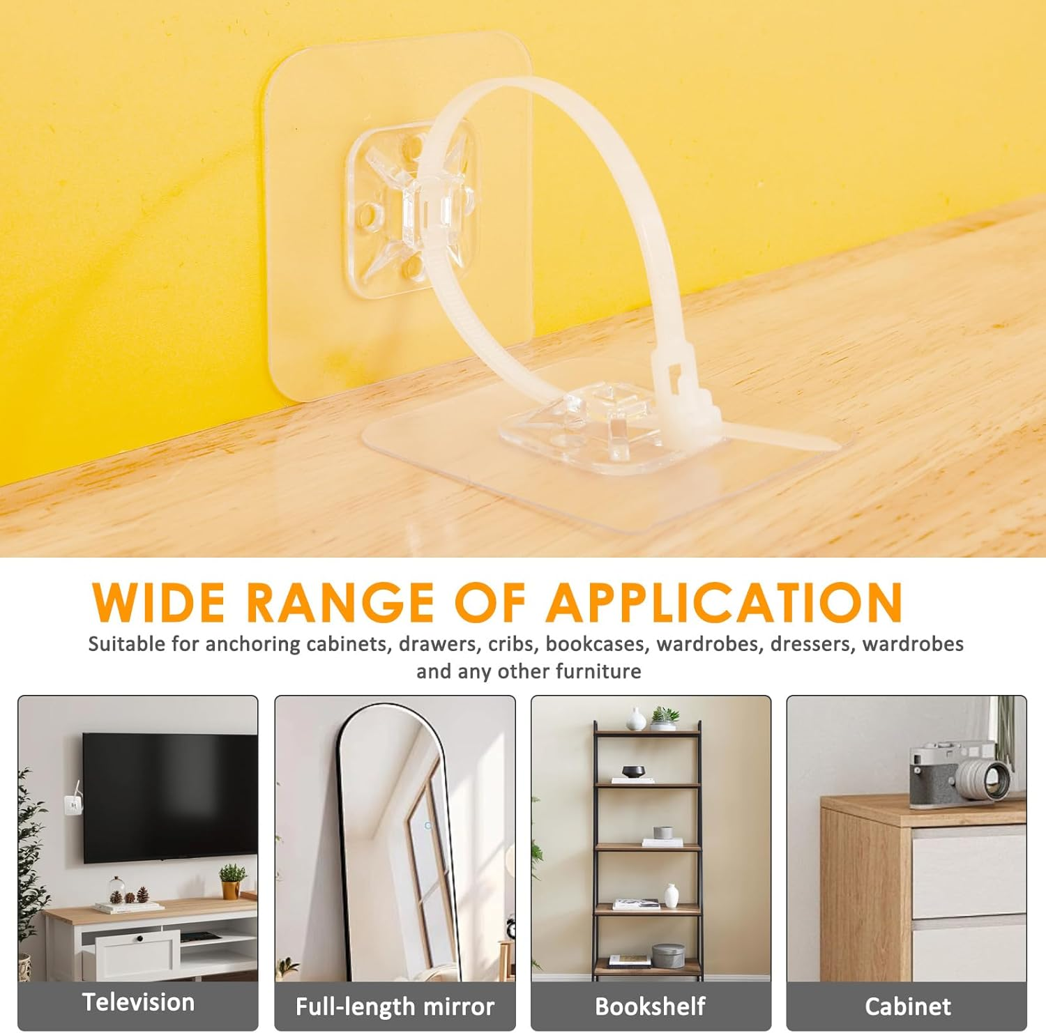 100Pcs Furniture Anchors Plastic Furniture Straps No Drill Adhesive Backed Wall Anchor Straps for Cabinets Bookcases Dressers (100-Pack) image number 6